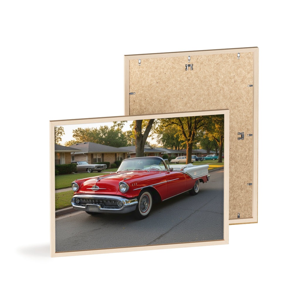 Vintage Red Convertible Poster with Wooden Frame — Classic Car Wall Art
