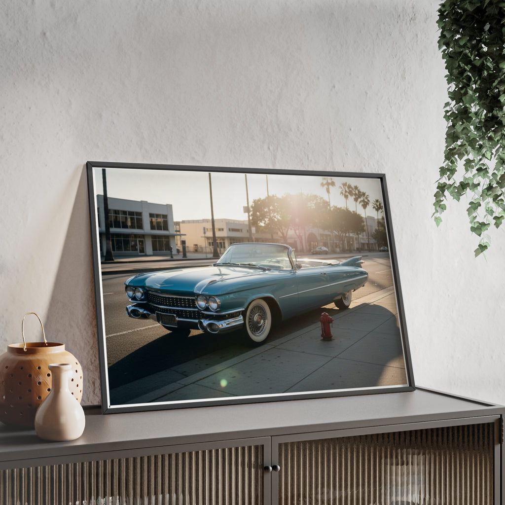 Vintage Blue Cadillac Poster with Wooden Frame – Retro Car Wall Art