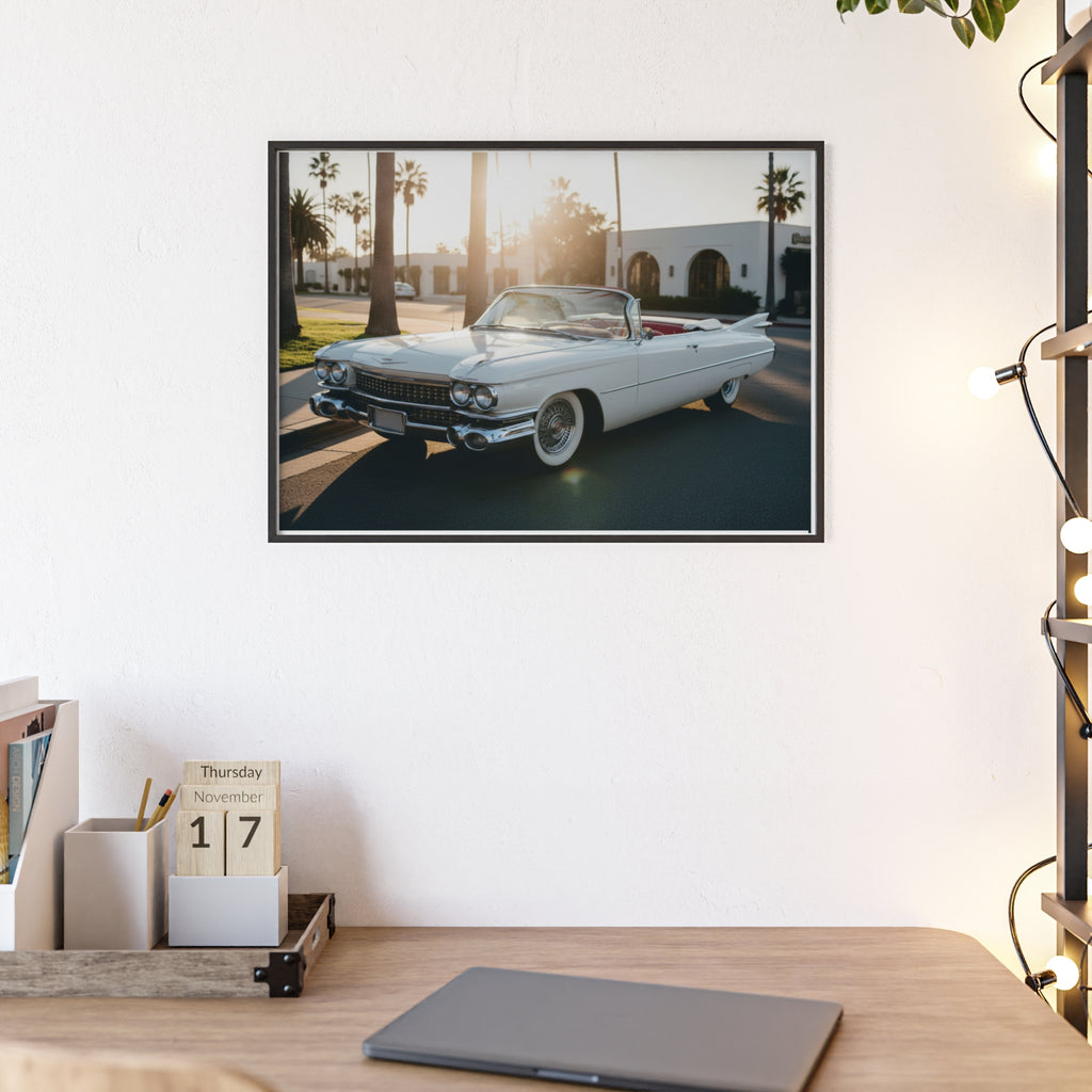 Vintage Cadillac Convertible Poster with Wooden Frame — Retro Palm Trees Sunset Wall Art