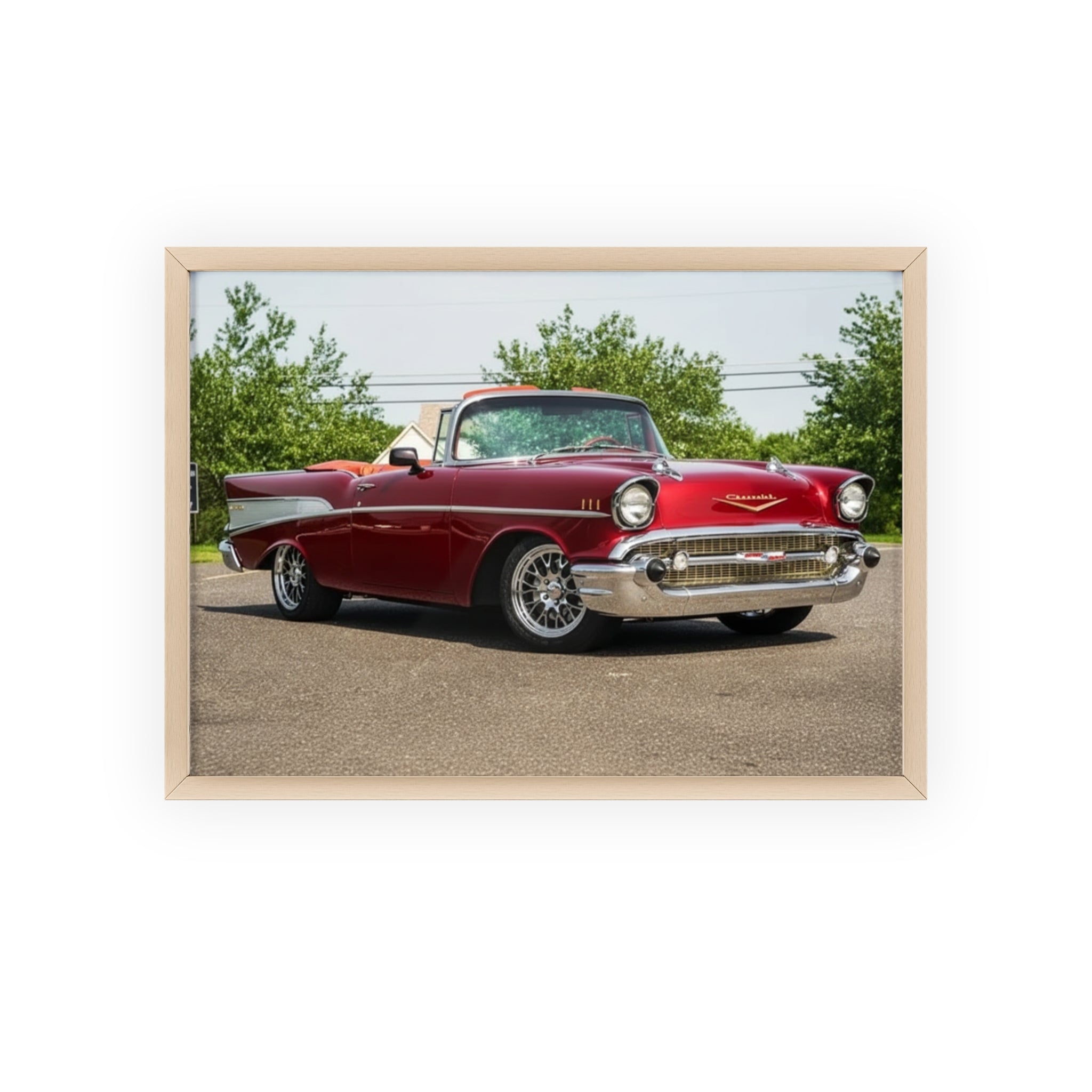 Classic Red Chevy Poster with Wooden Frame — Vintage Car Wall Art for Garage, Man Cave, Auto Enthusiasts