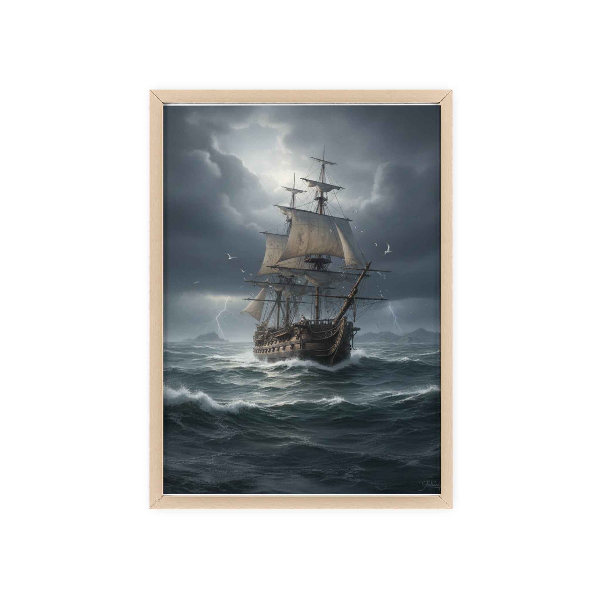 Framed Stormy Sea Ship Poster — Nautical Wall Art with Wooden Frame