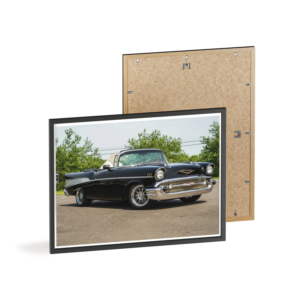 Classic Black 1957 Chevy Poster with Wooden Frame — Vintage Car Wall Art