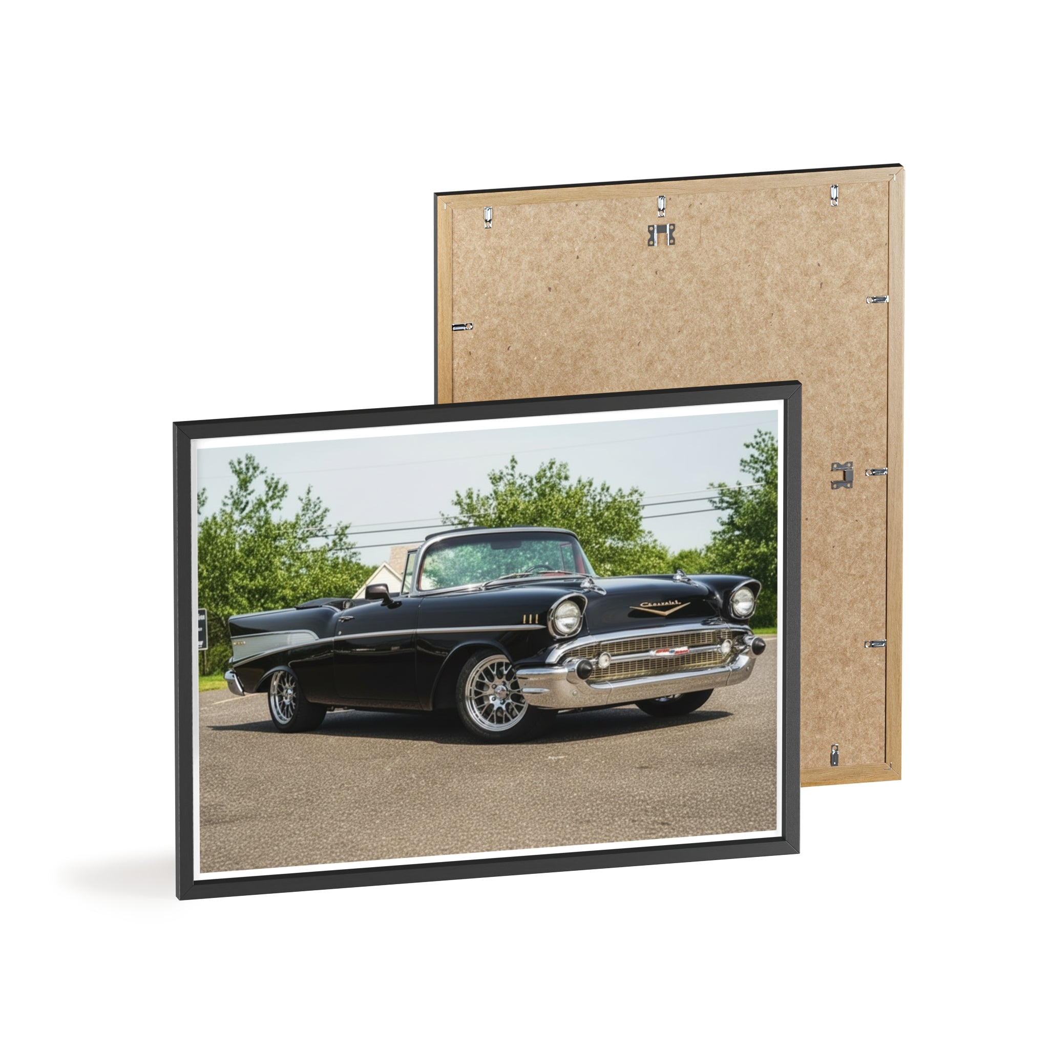 Classic Black 1957 Chevy Poster with Wooden Frame — Vintage Car Wall Art