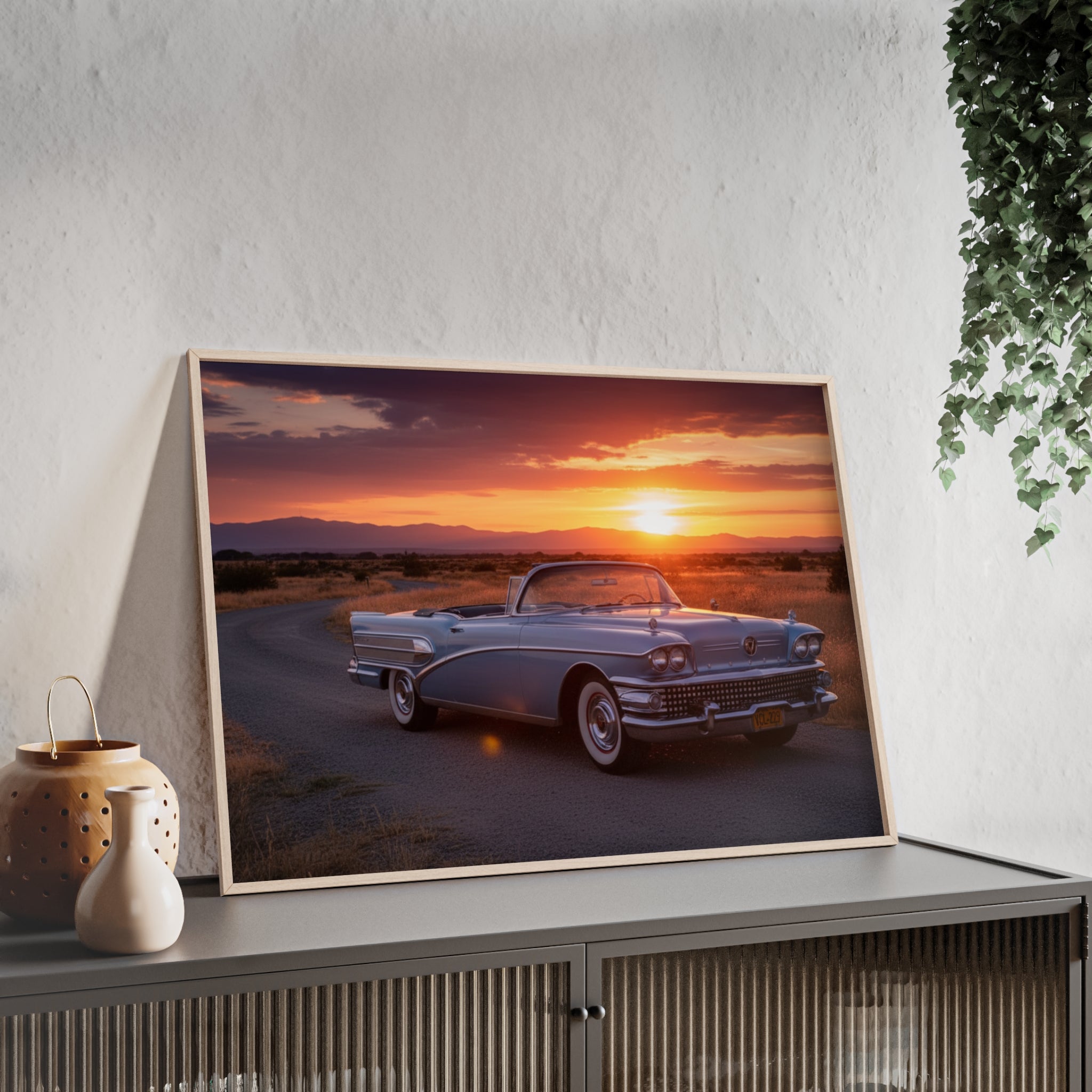 Vintage Convertible Sunset Poster with Wooden Frame