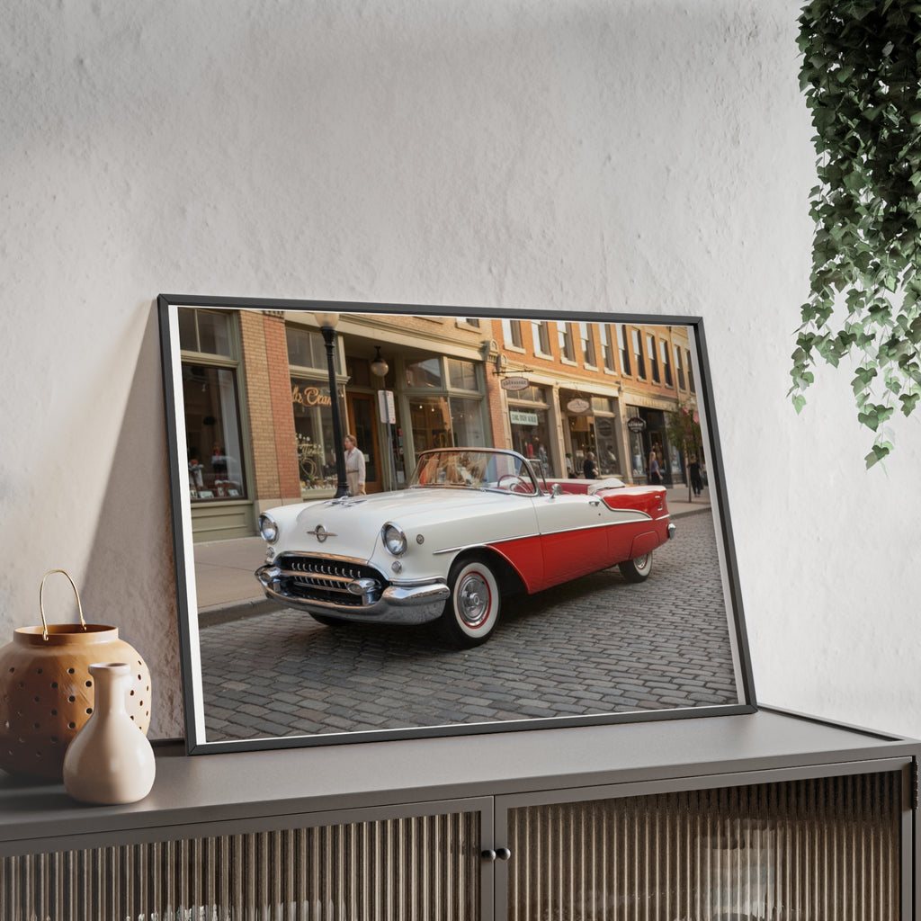 Vintage Red & White Convertible Poster with Wooden Frame — Retro Car Wall Art