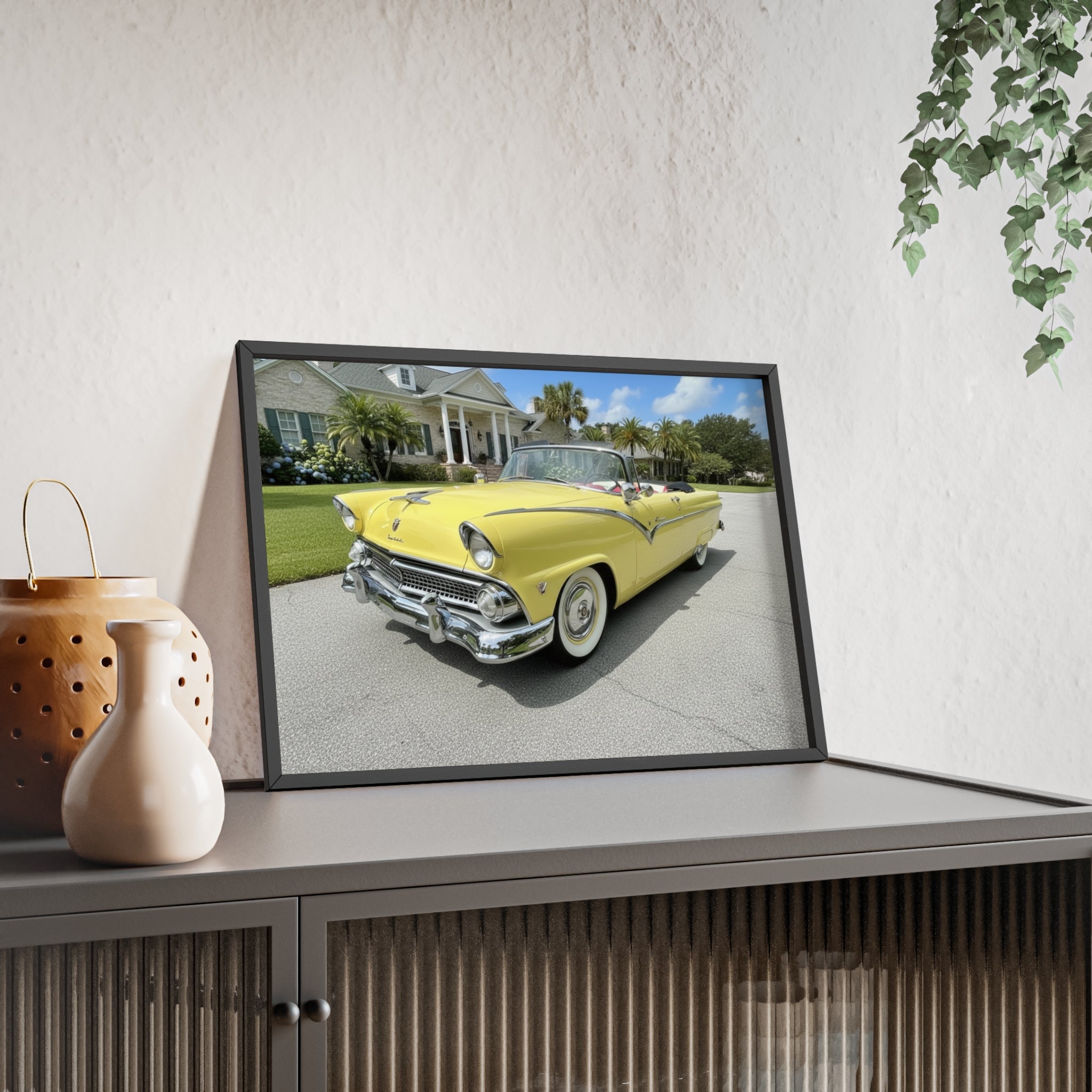 Vintage Yellow Classic Car Poster — Framed Wooden Wall Art