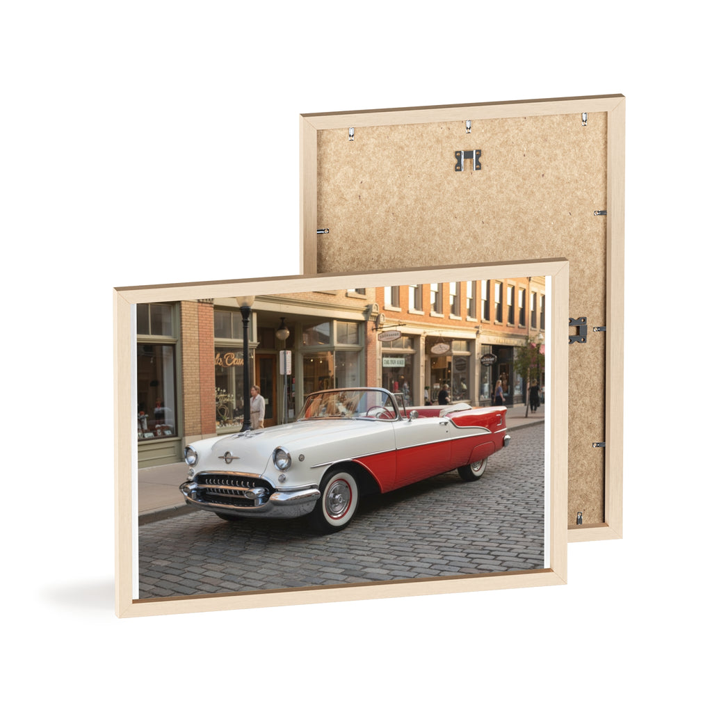 Vintage Red & White Convertible Poster with Wooden Frame — Retro Car Wall Art