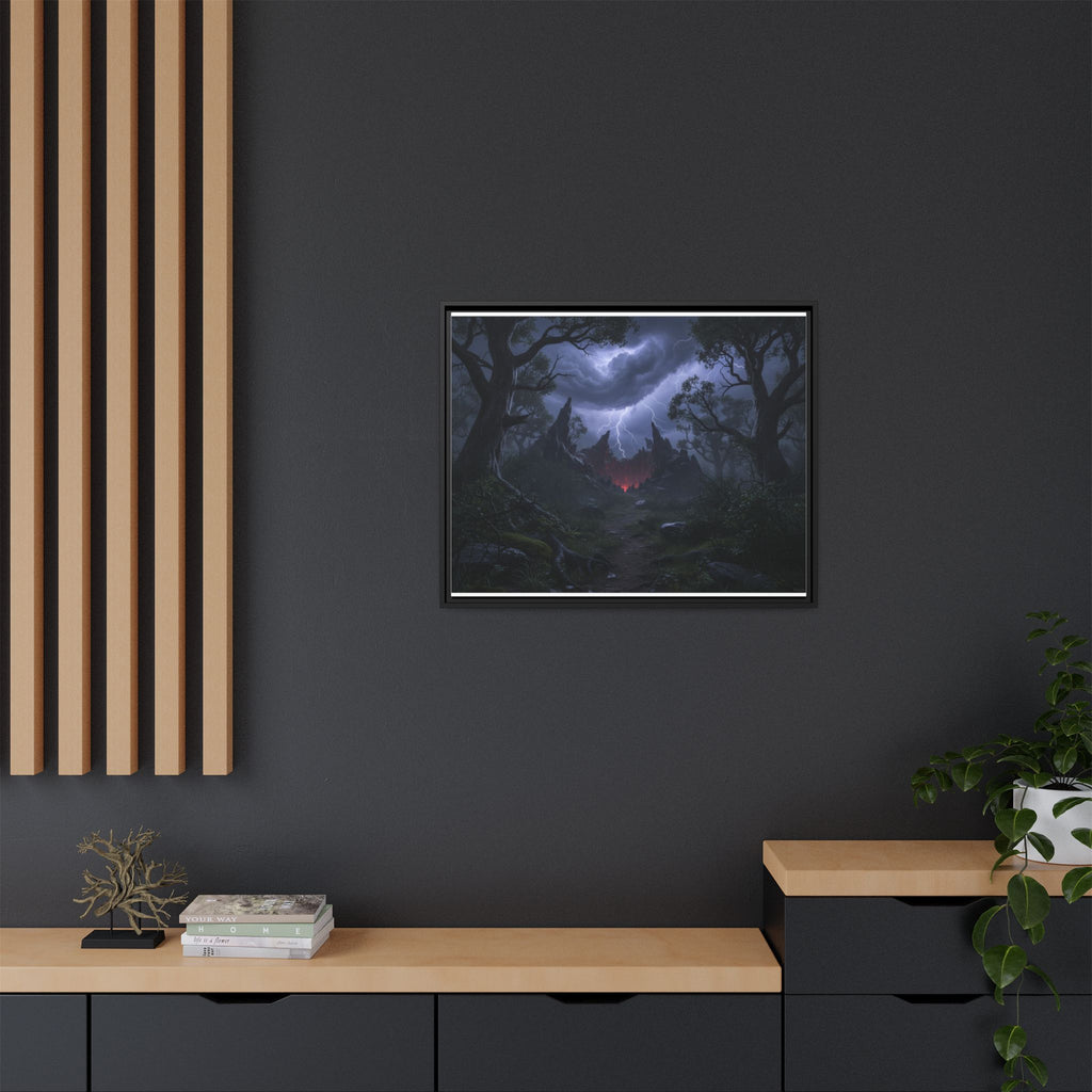 Dark Storm Forest Framed Canvas Print — Lightning, Haunted Castle Art