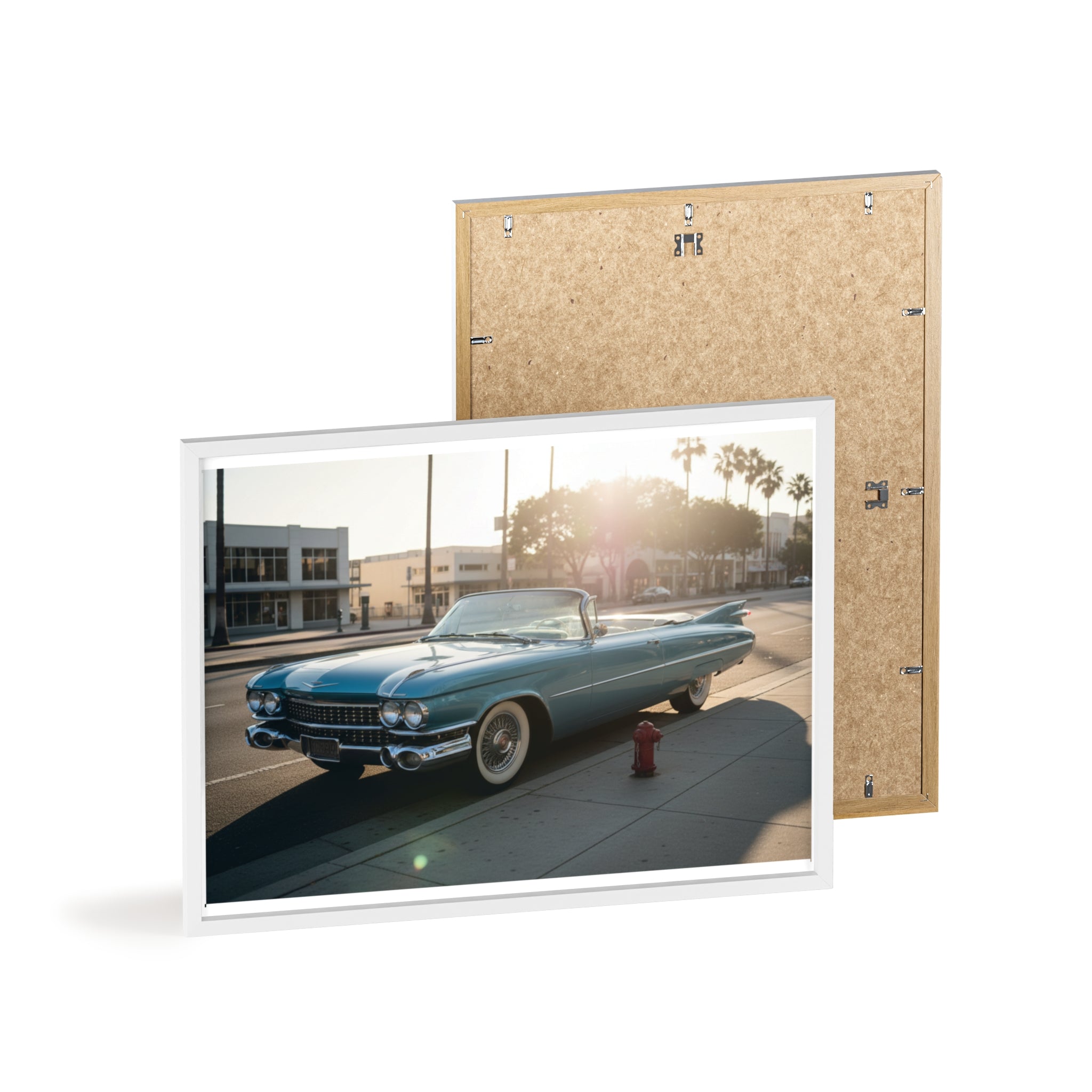 Vintage Blue Cadillac Poster with Wooden Frame – Retro Car Wall Art