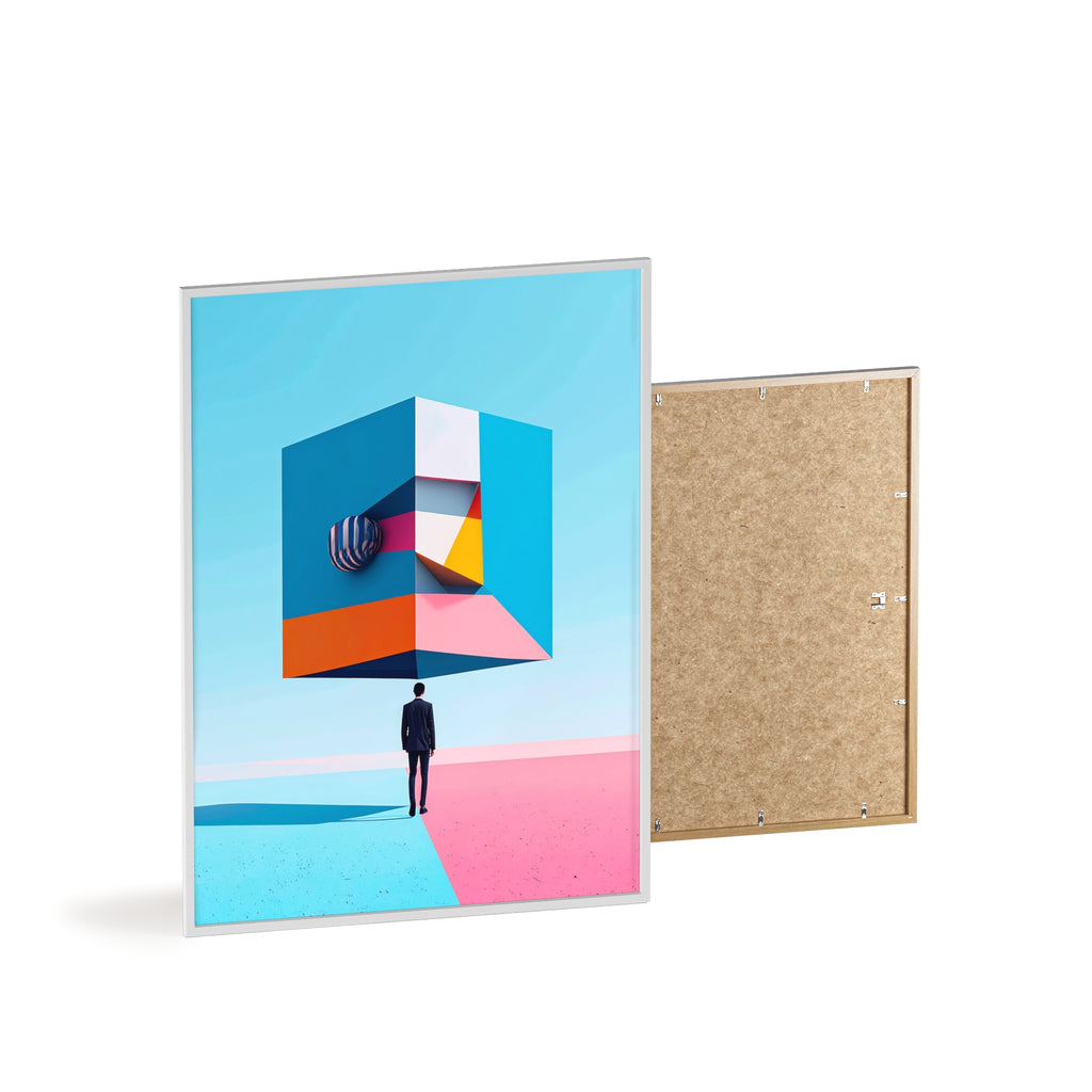Surreal Geometric Art Poster with Wooden Frame — Modern Minimal Wall Decor