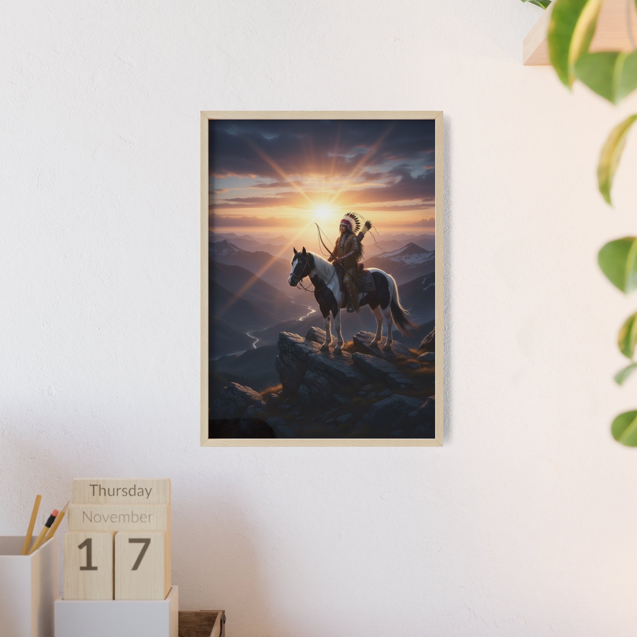Native American Warrior on Horse Framed Poster — Scenic Sunrise Wall Art