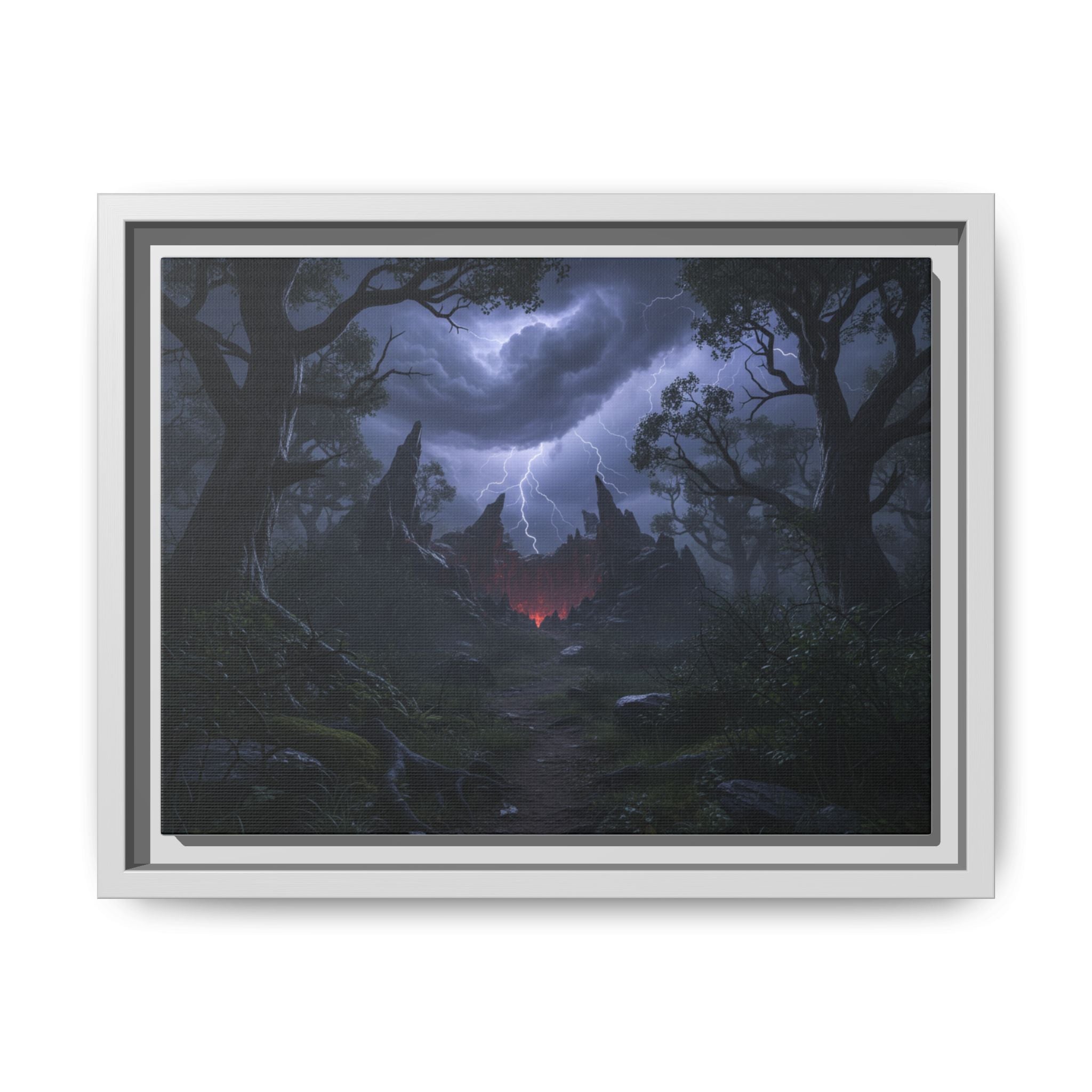 Dark Storm Forest Framed Canvas Print — Lightning, Haunted Castle Art