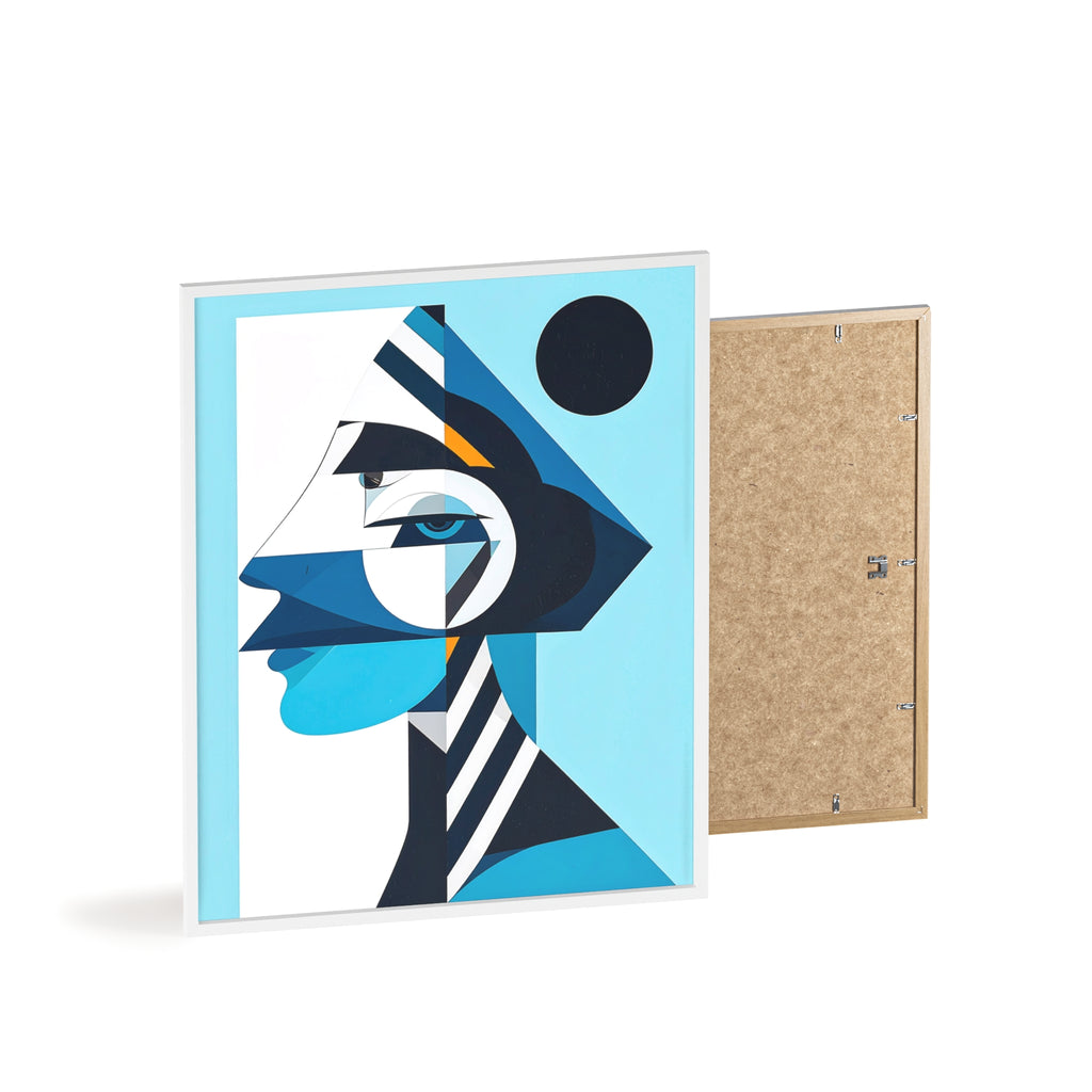 Abstract Geometric Portrait Poster with Wooden Frame — Blue Modern Wall Art