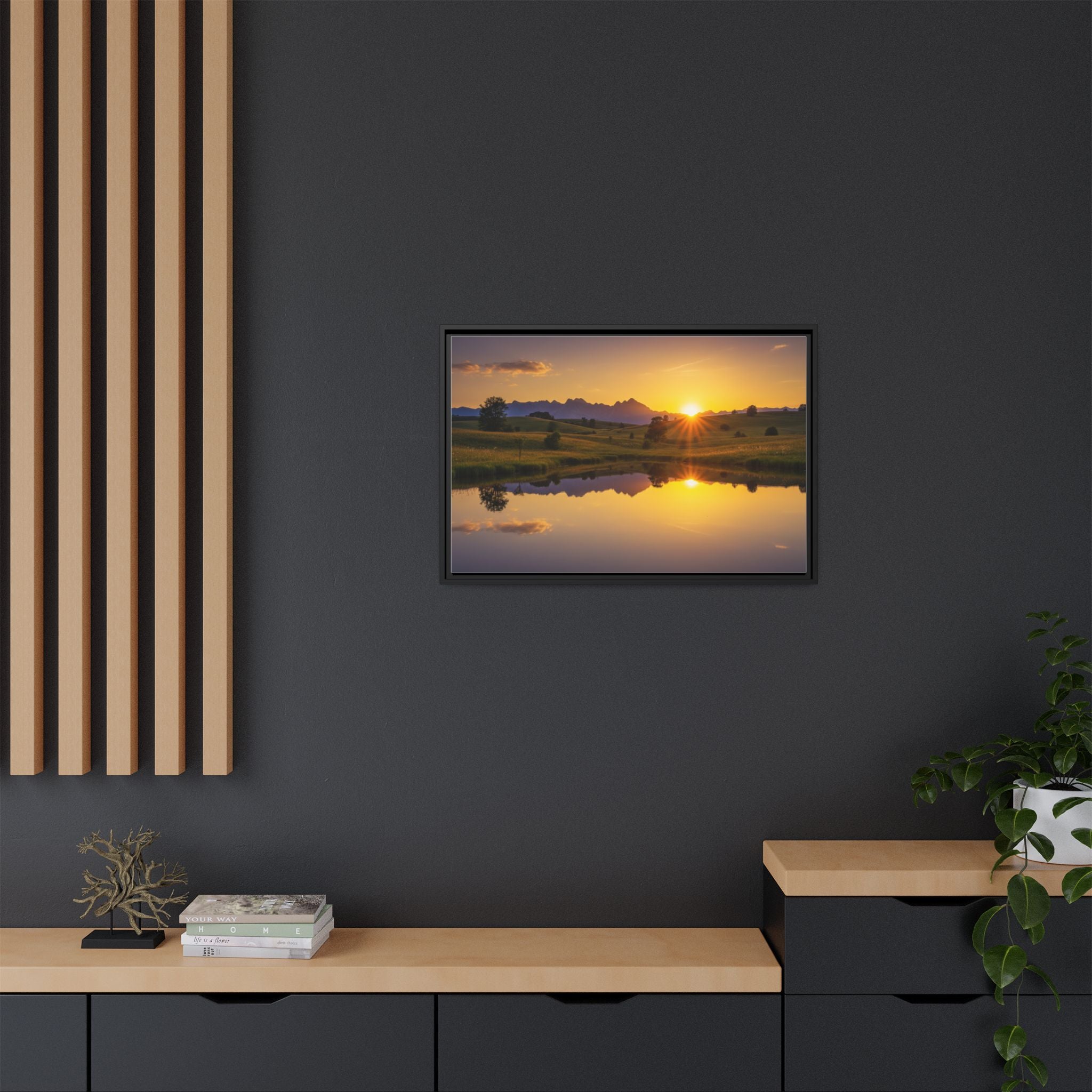 Framed Matte Canvas Sunset Landscape — Serene Lake Reflection Wall Art