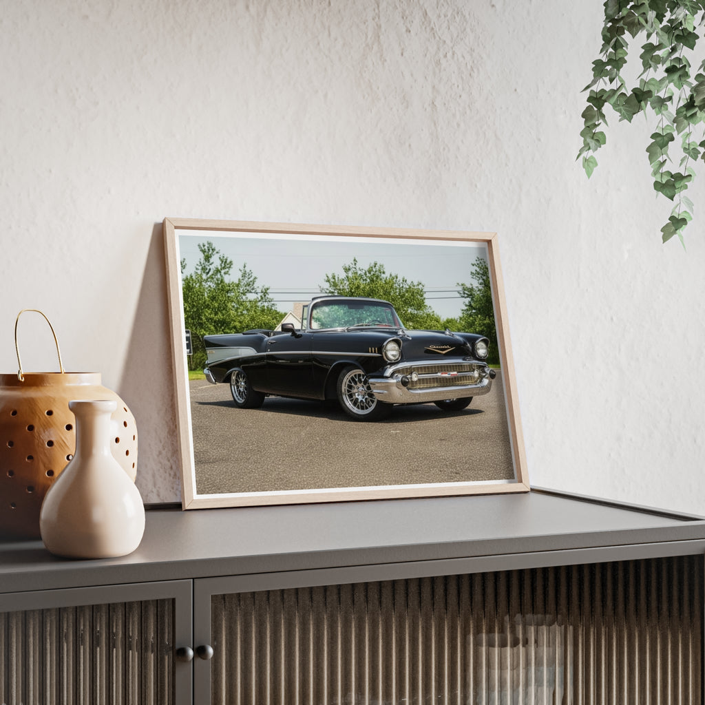 Classic Black 1957 Chevy Poster with Wooden Frame — Vintage Car Wall Art