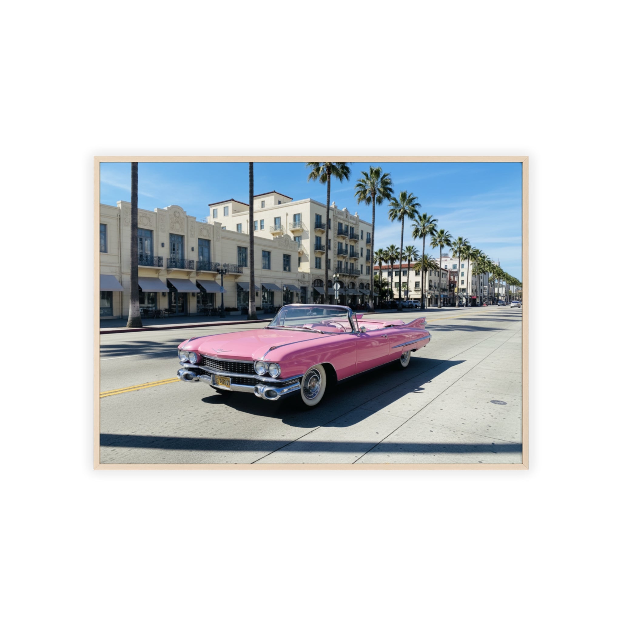 Retro Pink Cadillac Poster with Wooden Frame — Vintage Palm-Drive Wall Art