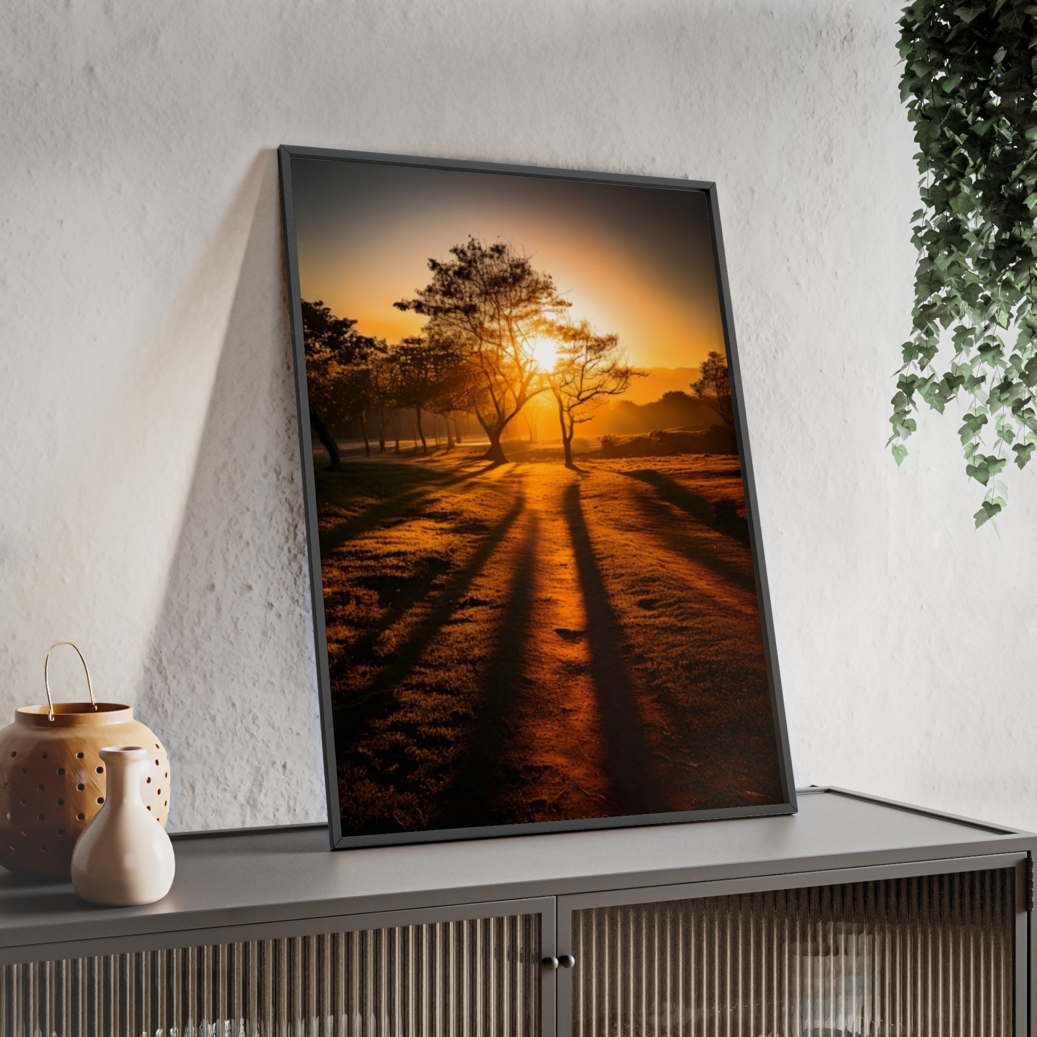 Sunrise Forest Poster — Framed Wooden Wall Art (Sunlit Trees)