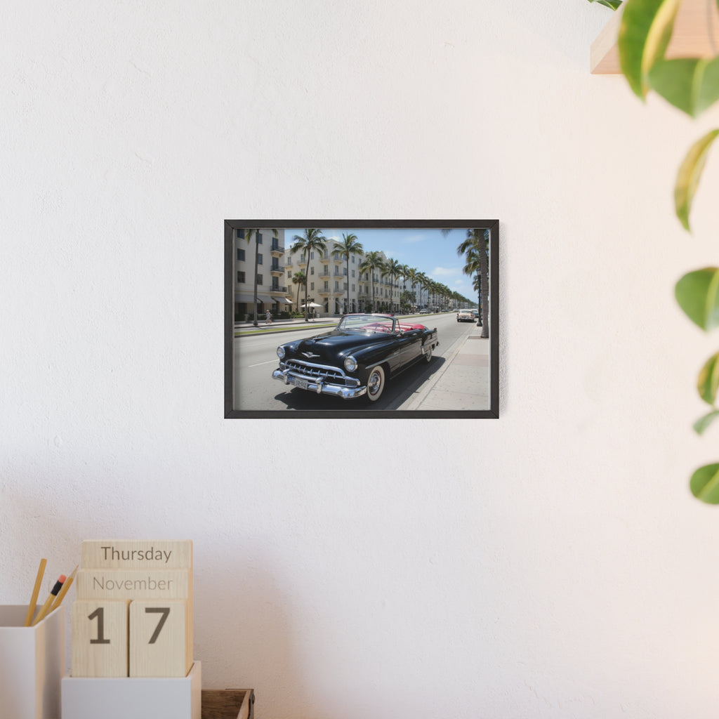 Vintage Convertible on Ocean Drive Framed Poster – Retro Classic Car Wall Art