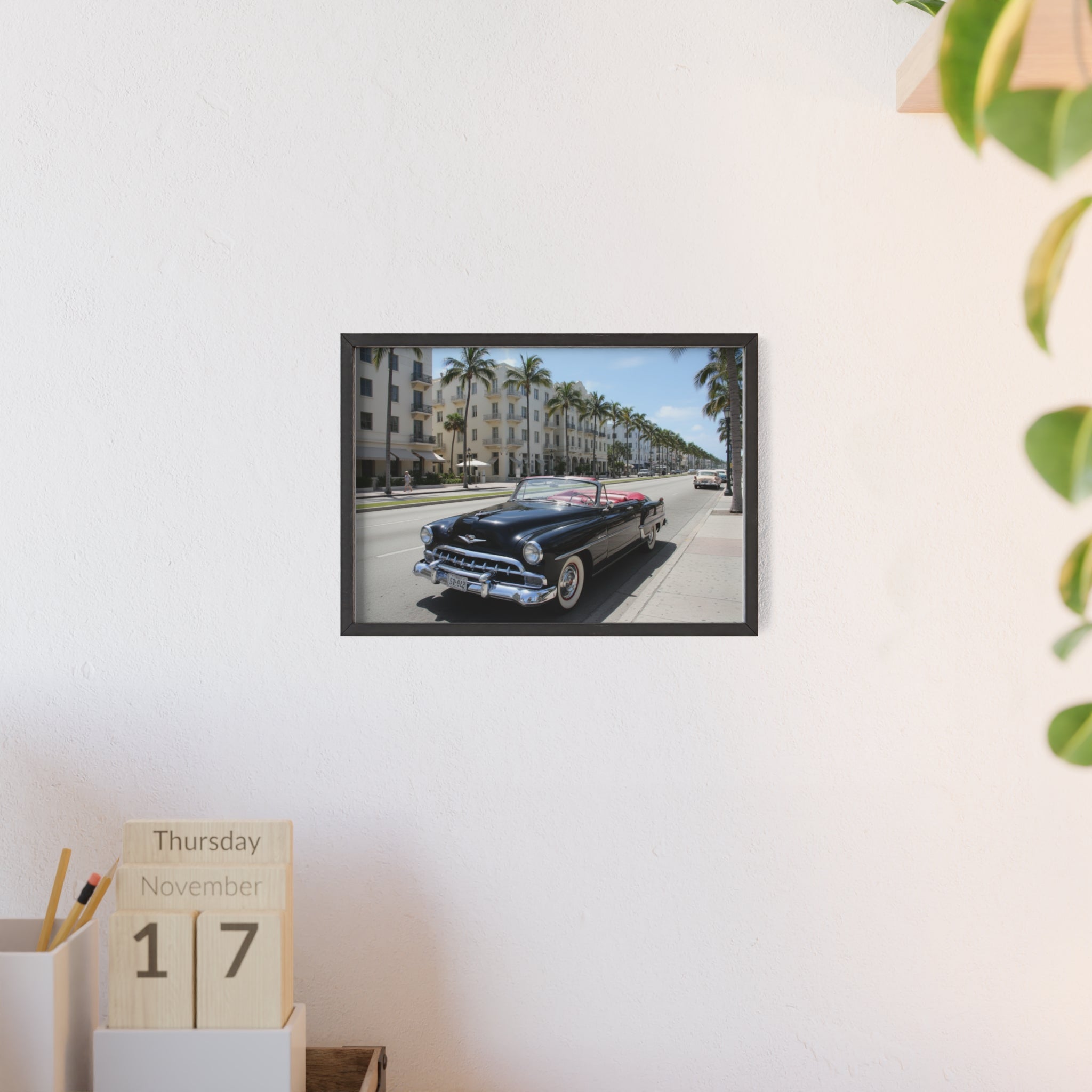Vintage Convertible on Ocean Drive Framed Poster – Retro Classic Car Wall Art