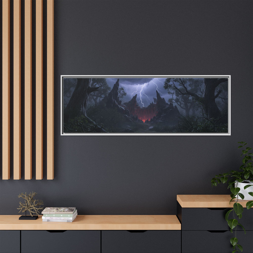 Dark Storm Forest Framed Canvas Print — Lightning, Haunted Castle Art