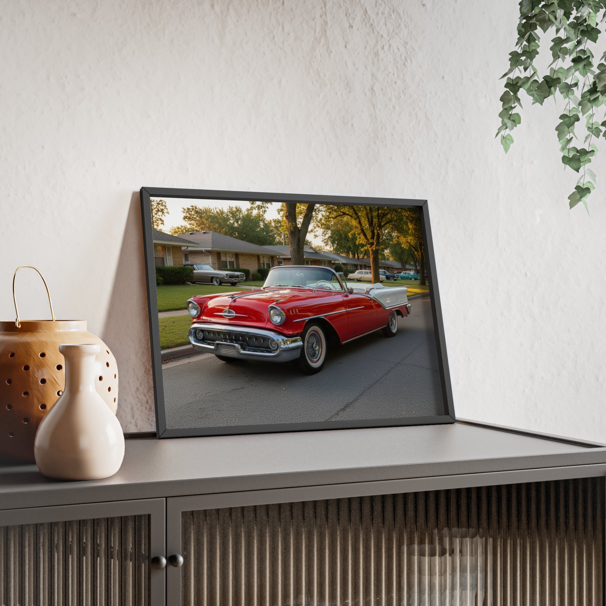 Vintage Red Convertible Poster with Wooden Frame — Classic Car Wall Art