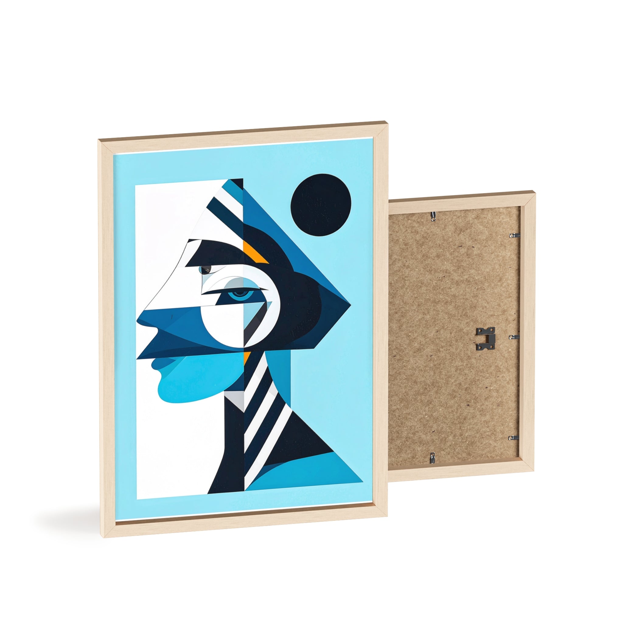 Abstract Geometric Portrait Poster with Wooden Frame — Blue Modern Wall Art