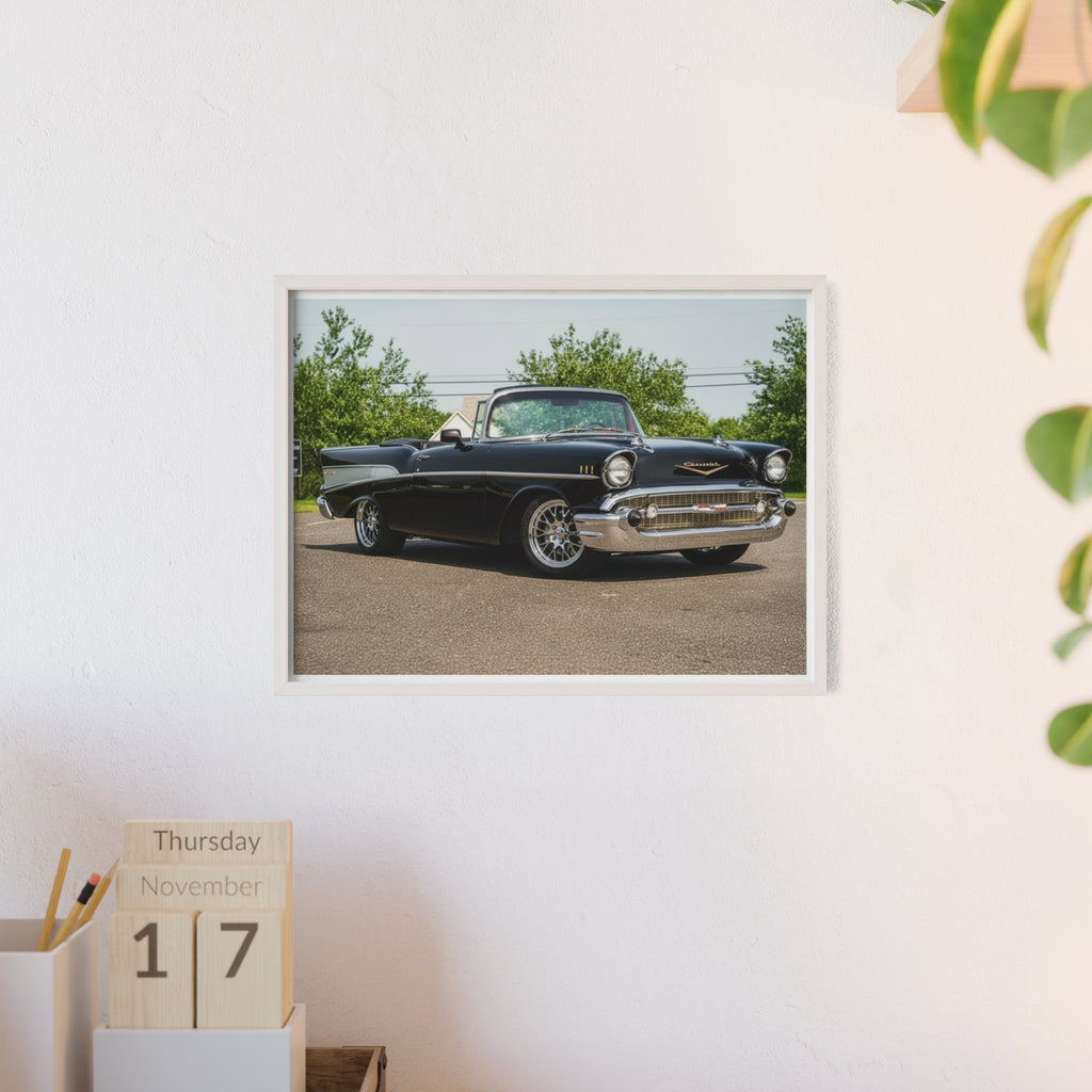 Classic Black 1957 Chevy Poster with Wooden Frame — Vintage Car Wall Art