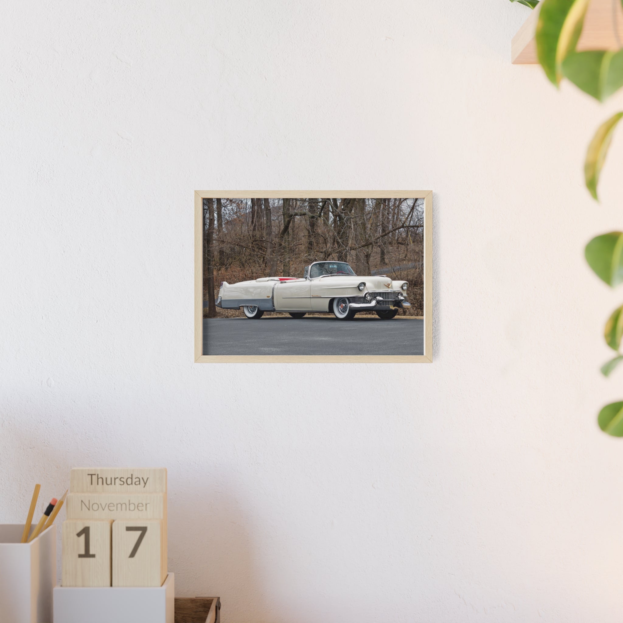 Vintage 1950s White Cadillac Poster with Wooden Frame - Classic Car Wall Art