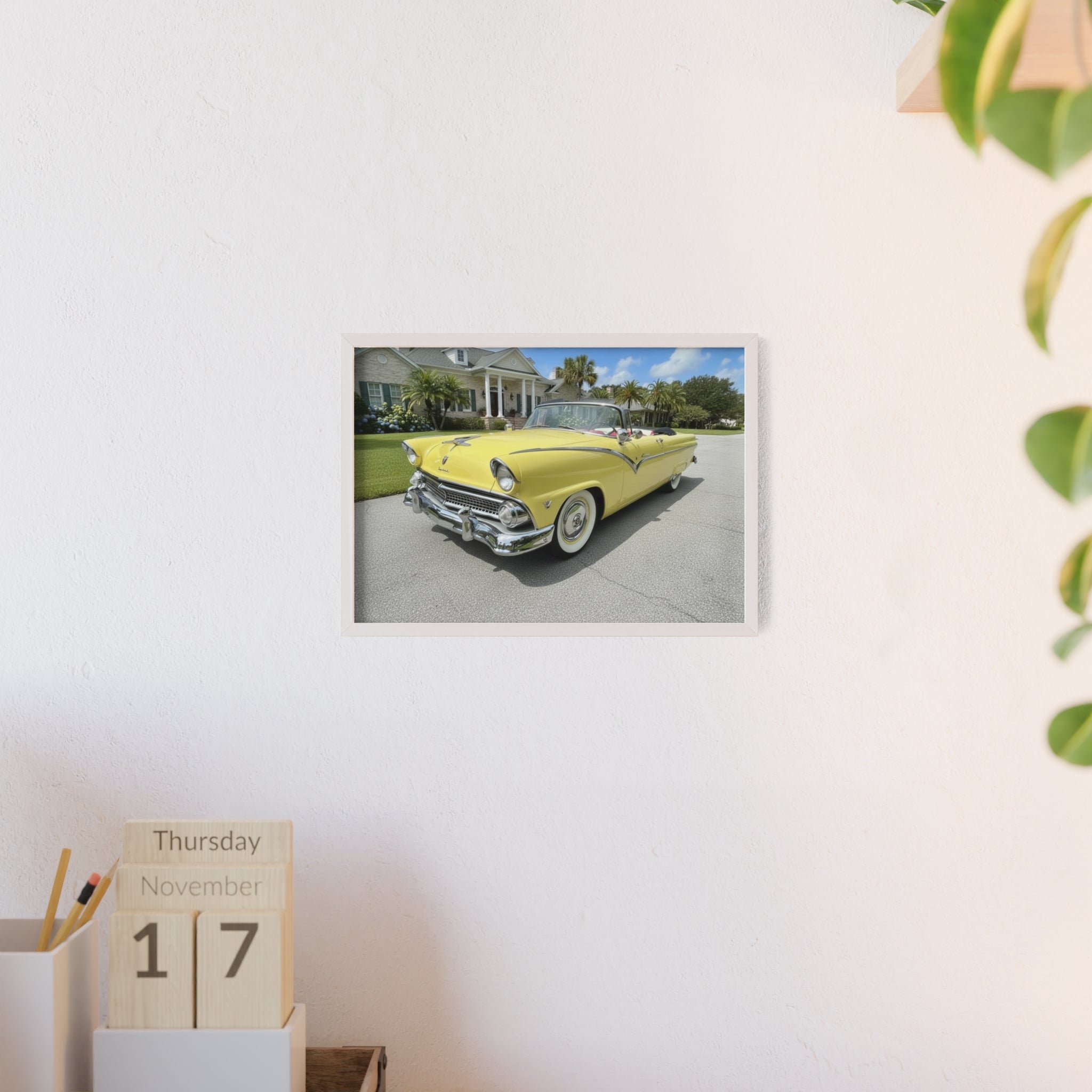 Vintage Yellow Classic Car Poster — Framed Wooden Wall Art