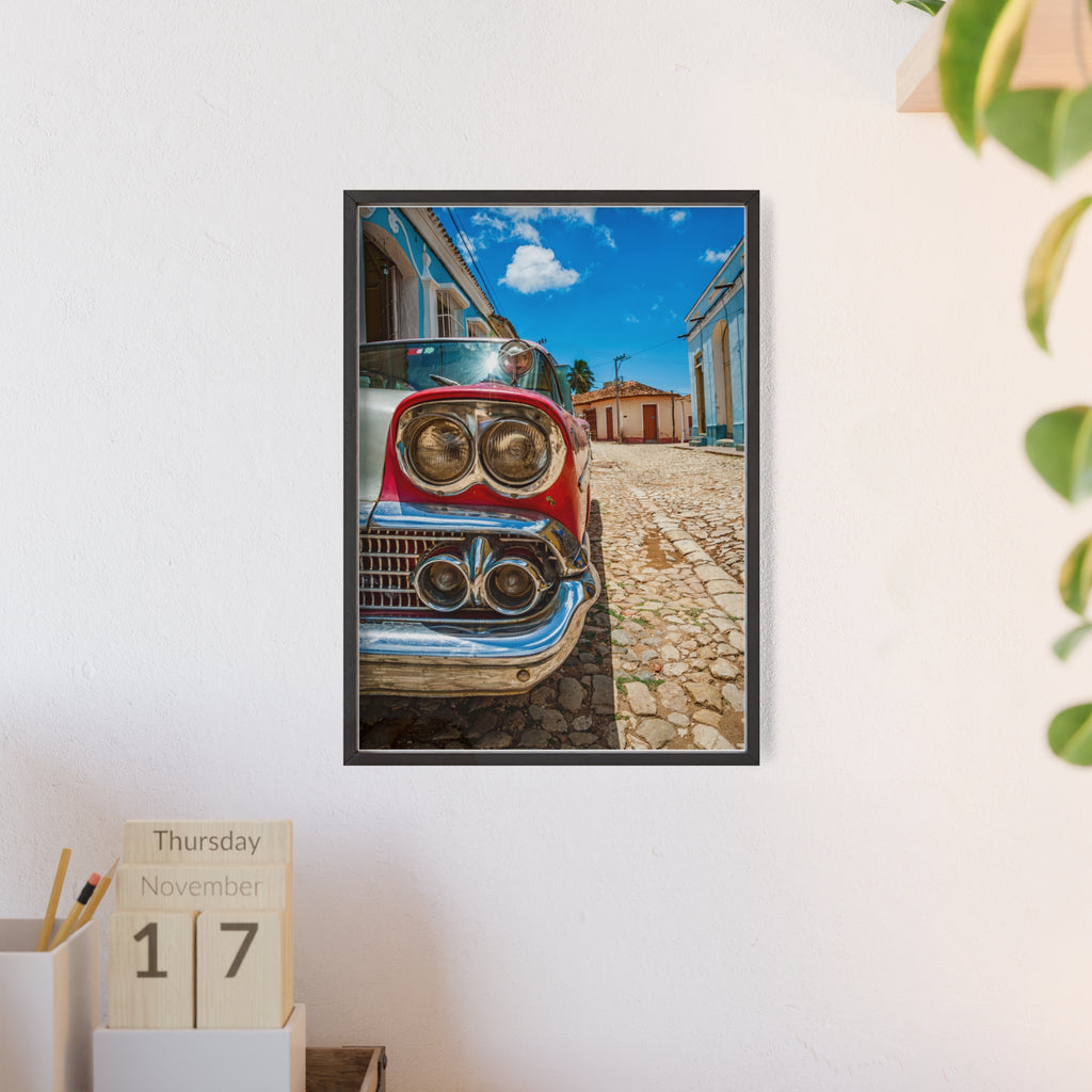 Vintage Classic Car Poster with Wooden Frame — Retro Cuba Street Photography Wall Art