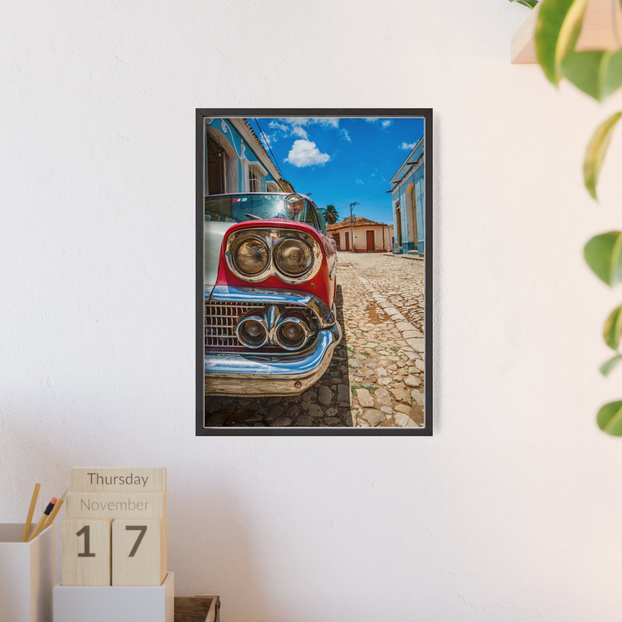 Vintage Classic Car Poster with Wooden Frame — Retro Cuba Street Photography Wall Art