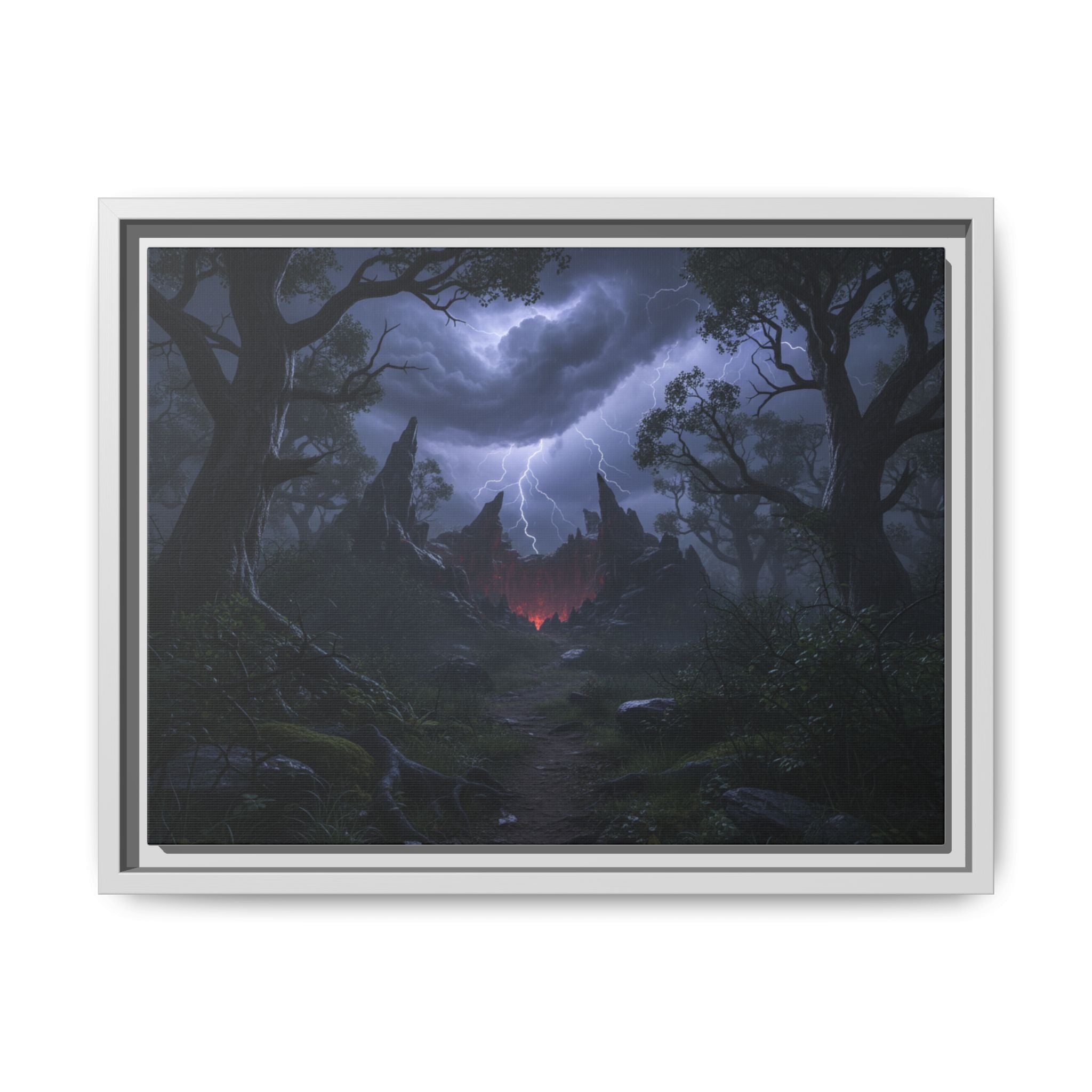 Dark Storm Forest Framed Canvas Print — Lightning, Haunted Castle Art
