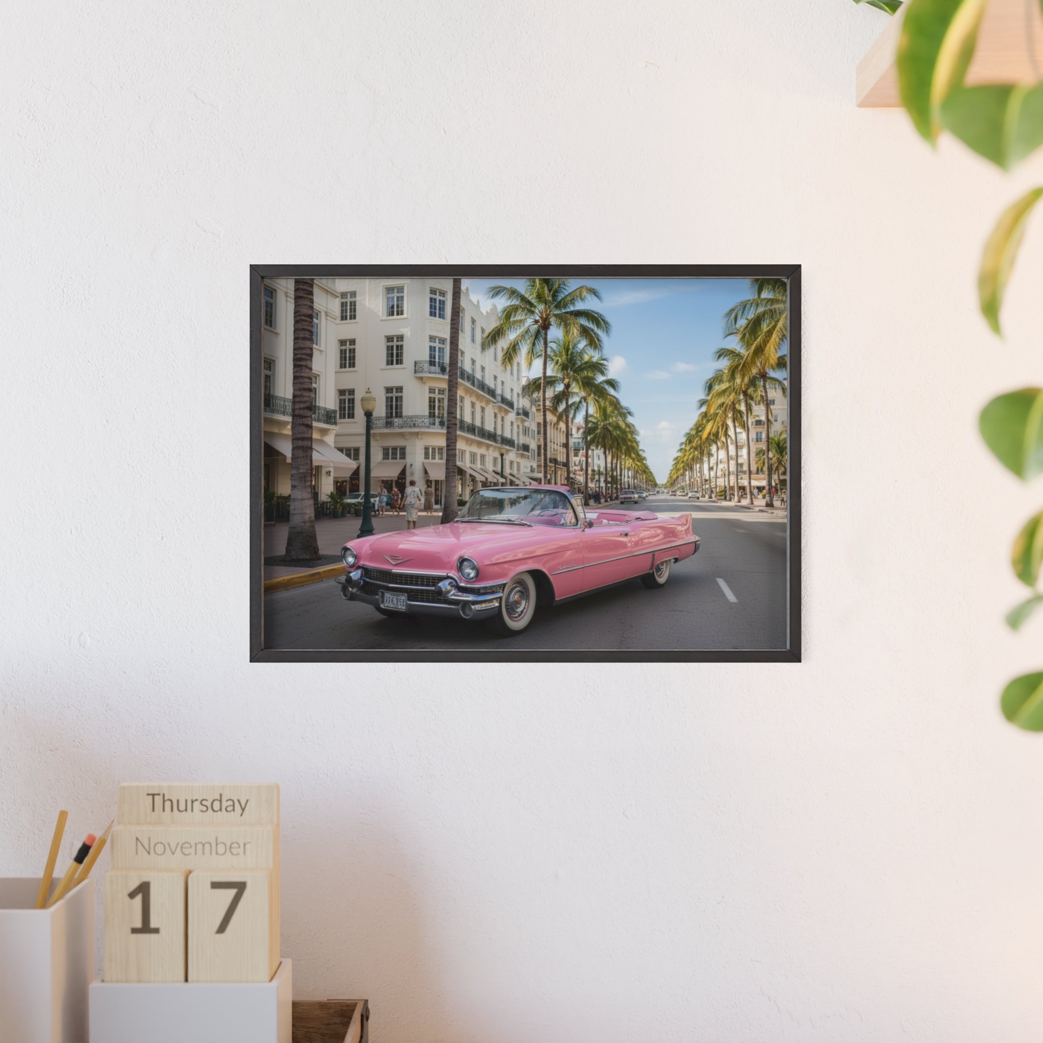 Vintage Pink Cadillac Wall Poster with Wooden Frame — Retro Miami Palm Street Photography