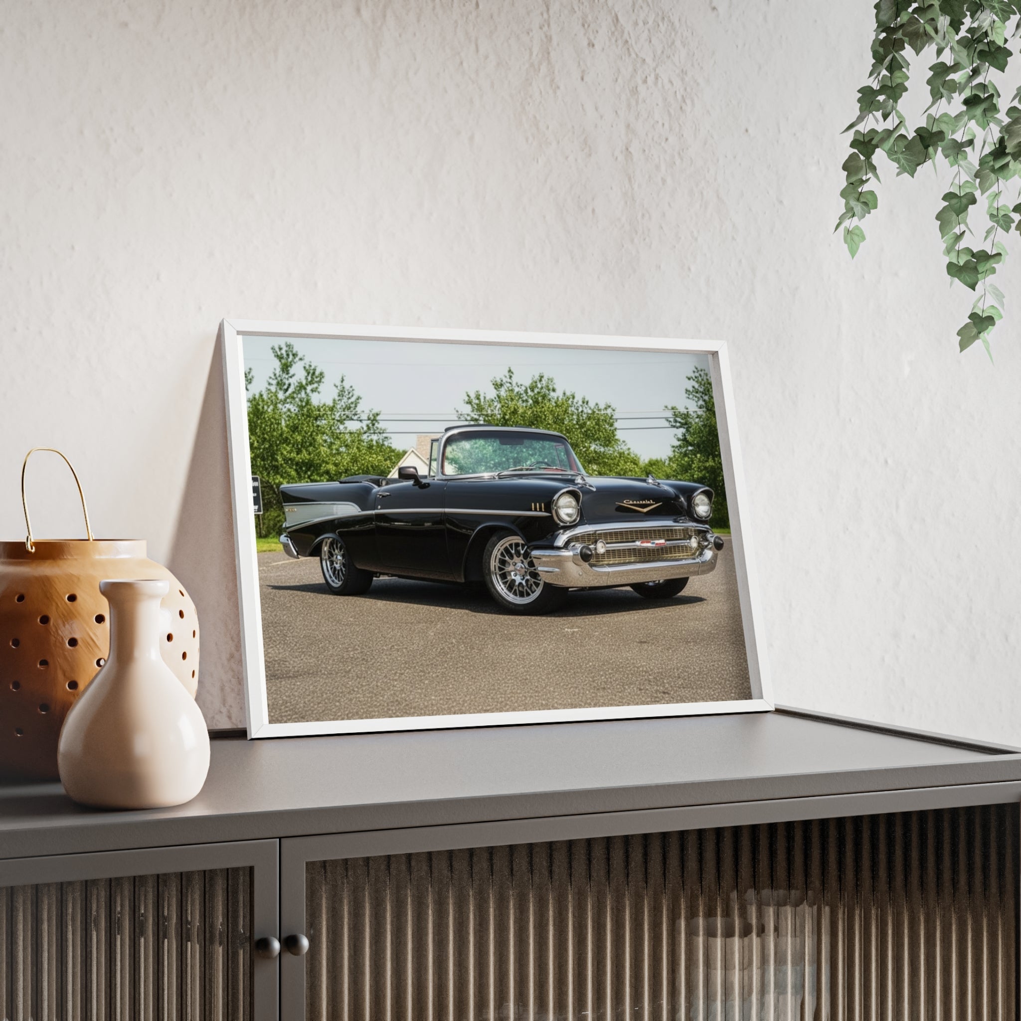 Classic Black 1957 Chevy Poster with Wooden Frame — Vintage Car Wall Art