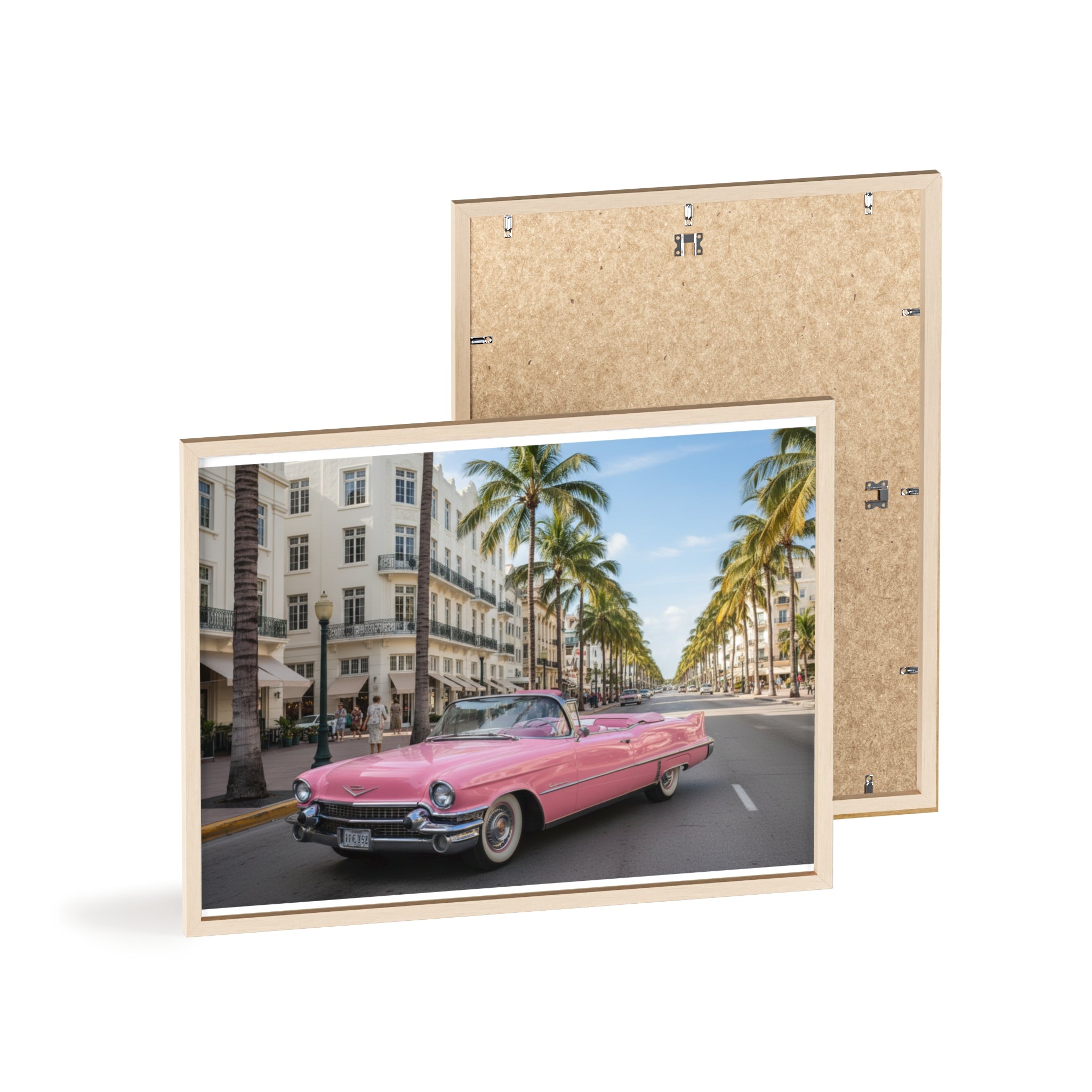 Vintage Pink Cadillac Wall Poster with Wooden Frame — Retro Miami Palm Street Photography