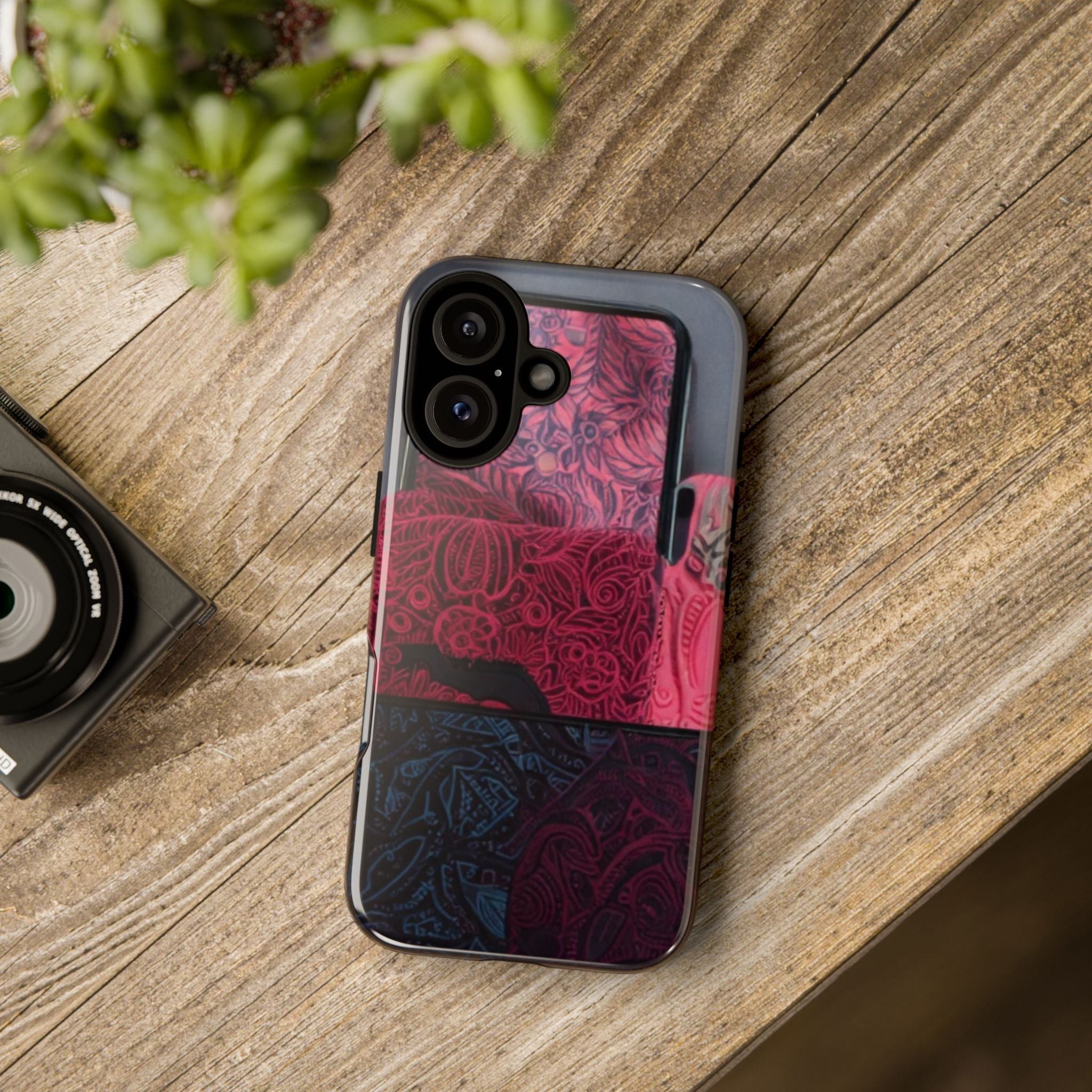 Floral Patchwork Tough Phone Case — Pink & Navy Doodle Design
