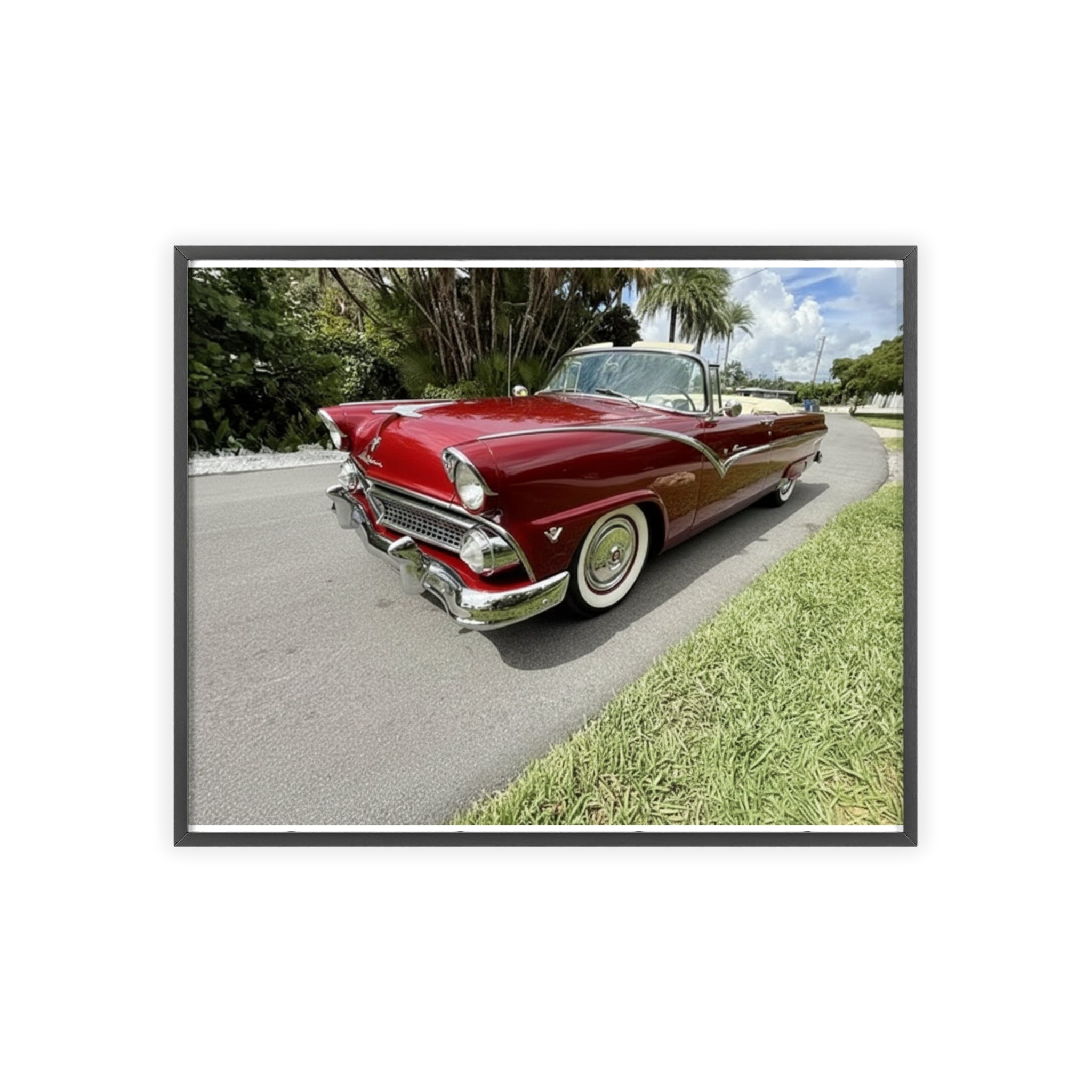Vintage Red Convertible Poster with Wooden Frame — Classic Car Wall Art