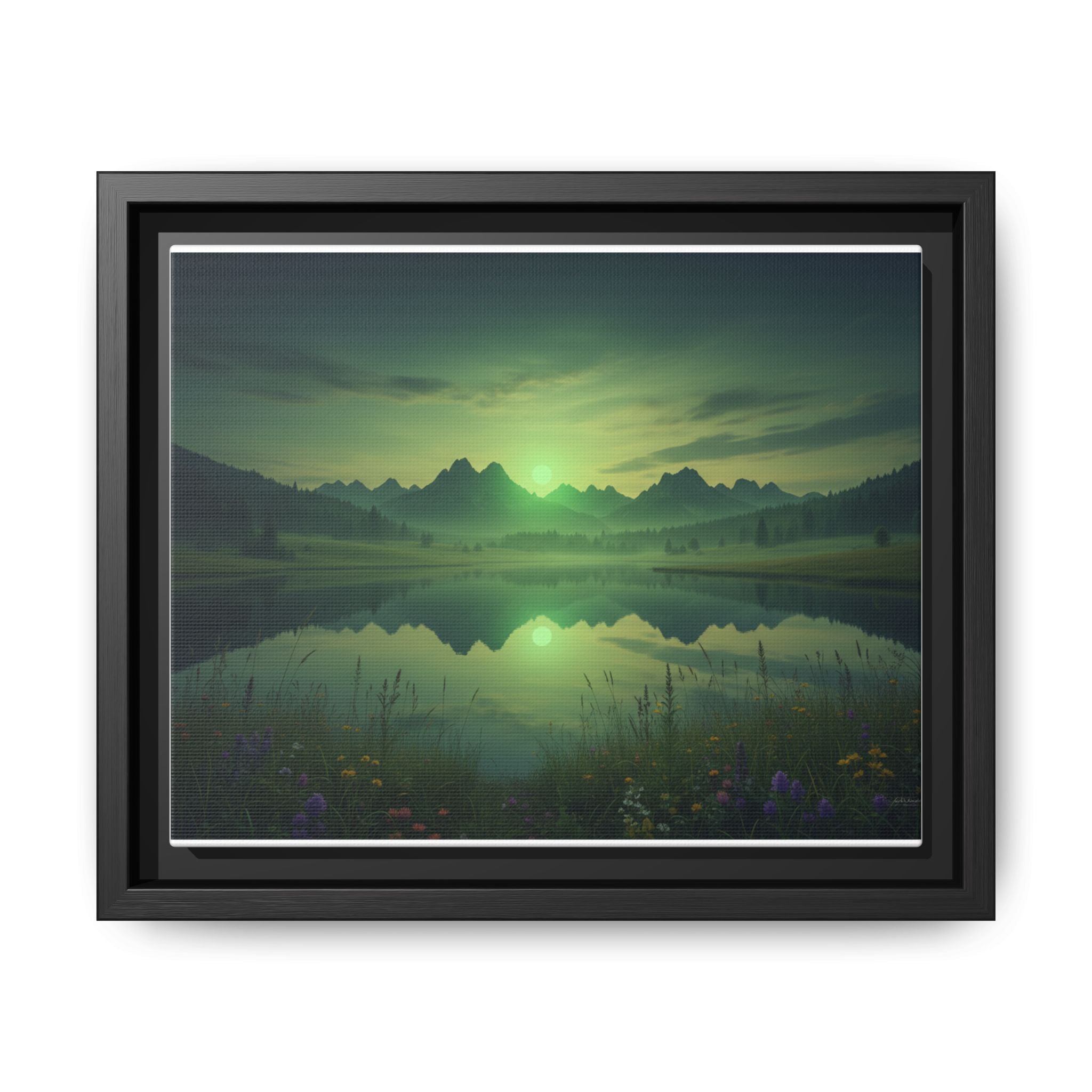 Framed Matte Canvas Print — Serene Green Mountain Lake Landscape