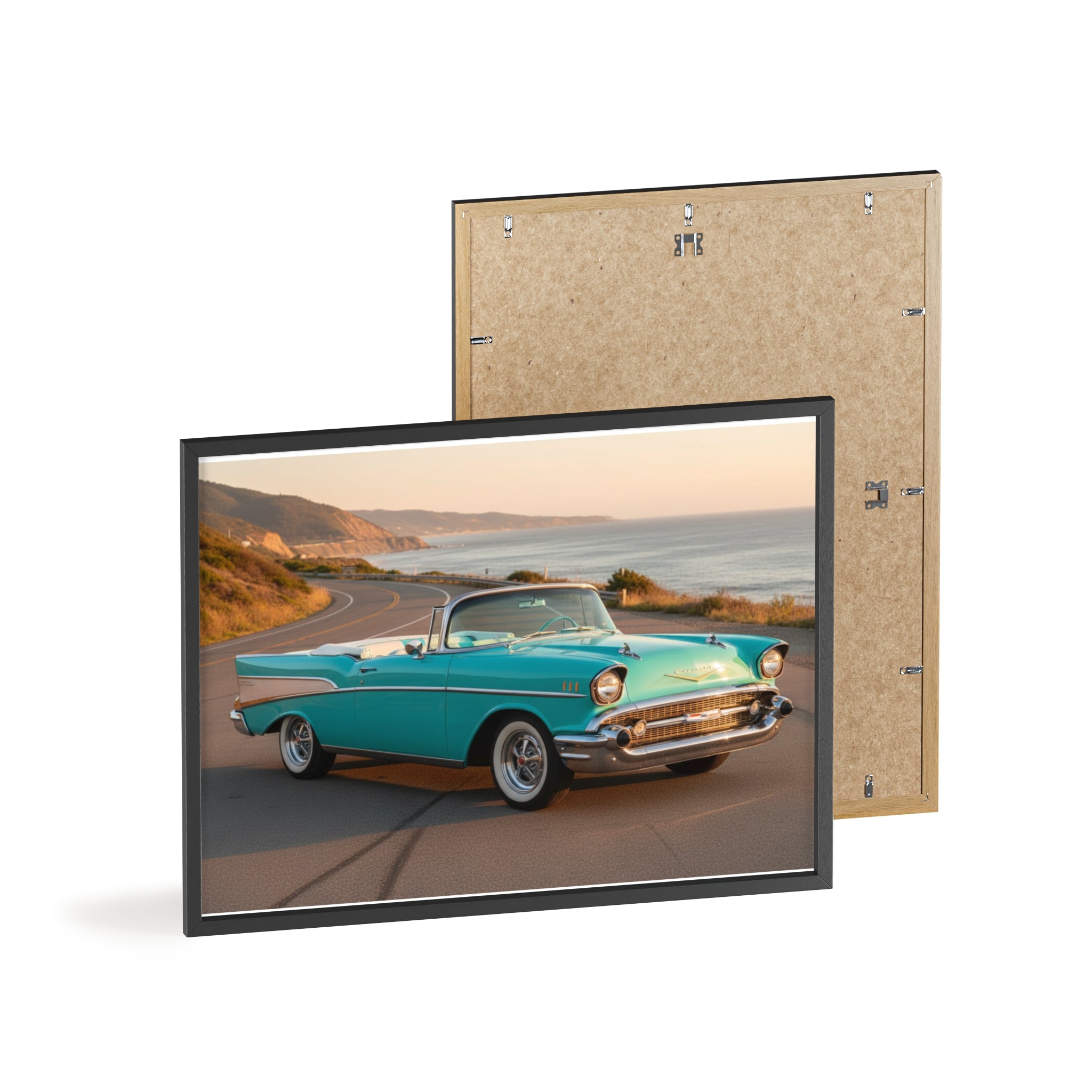 Vintage Teal Classic Car Poster with Wooden Frame — Coastal Road Print