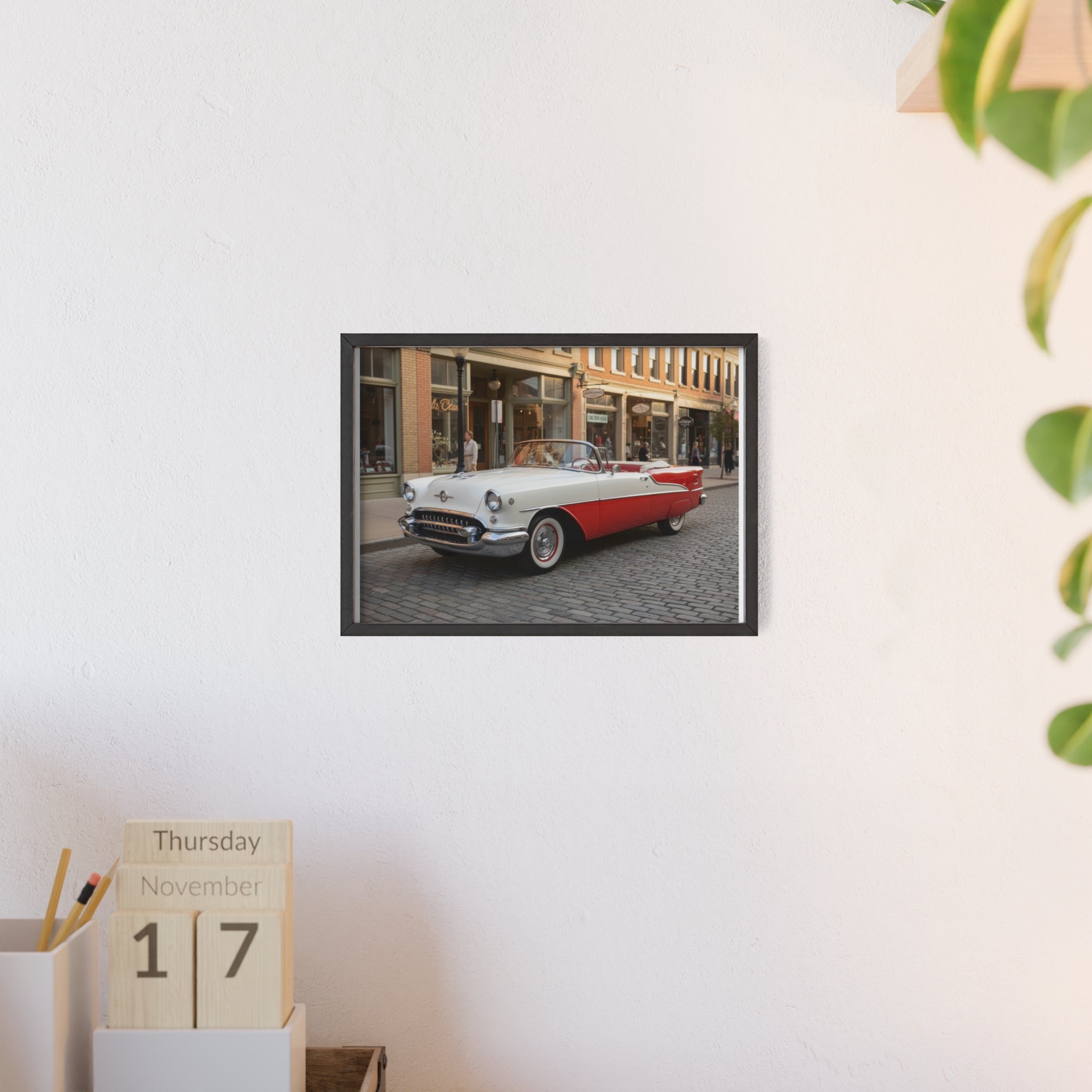 Vintage Red & White Convertible Poster with Wooden Frame — Retro Car Wall Art