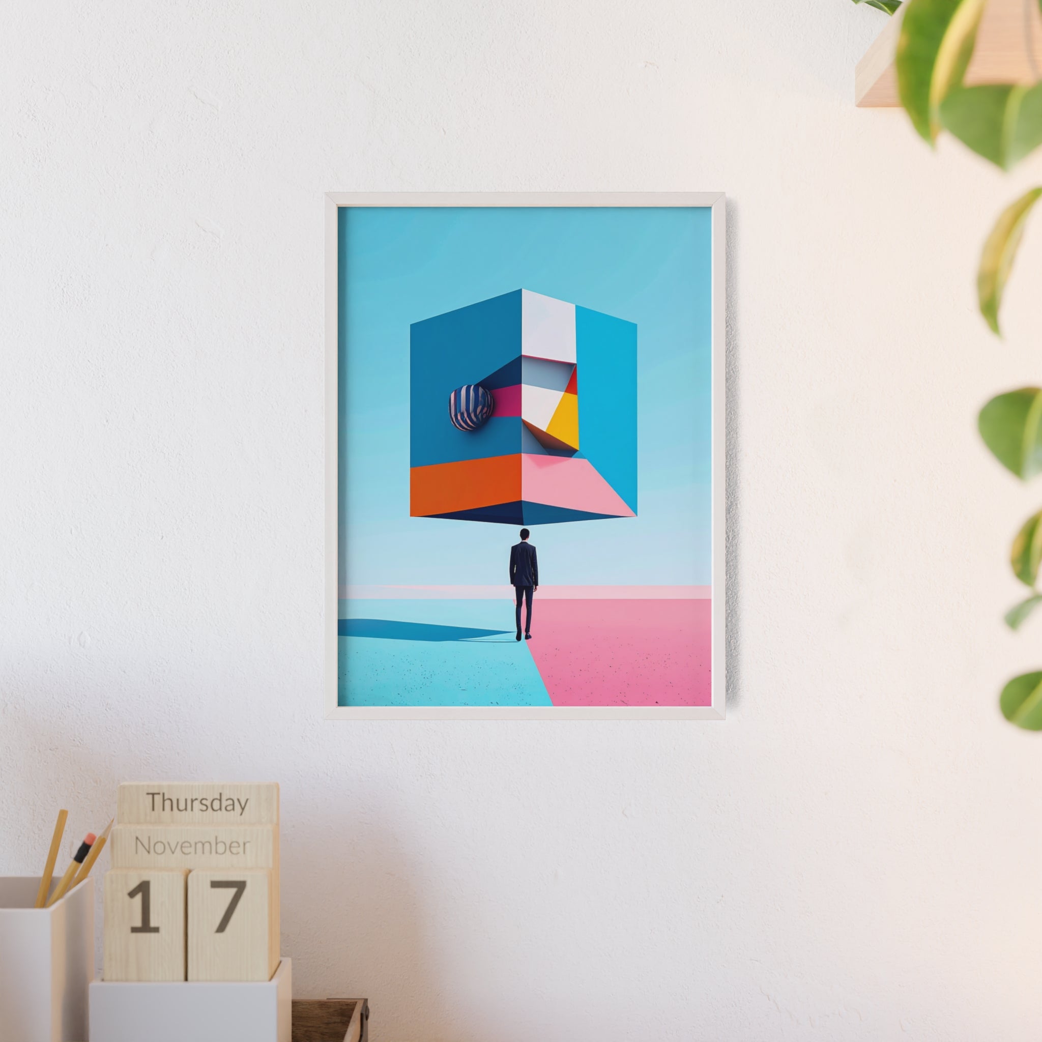 Surreal Geometric Art Poster with Wooden Frame — Modern Minimal Wall Decor