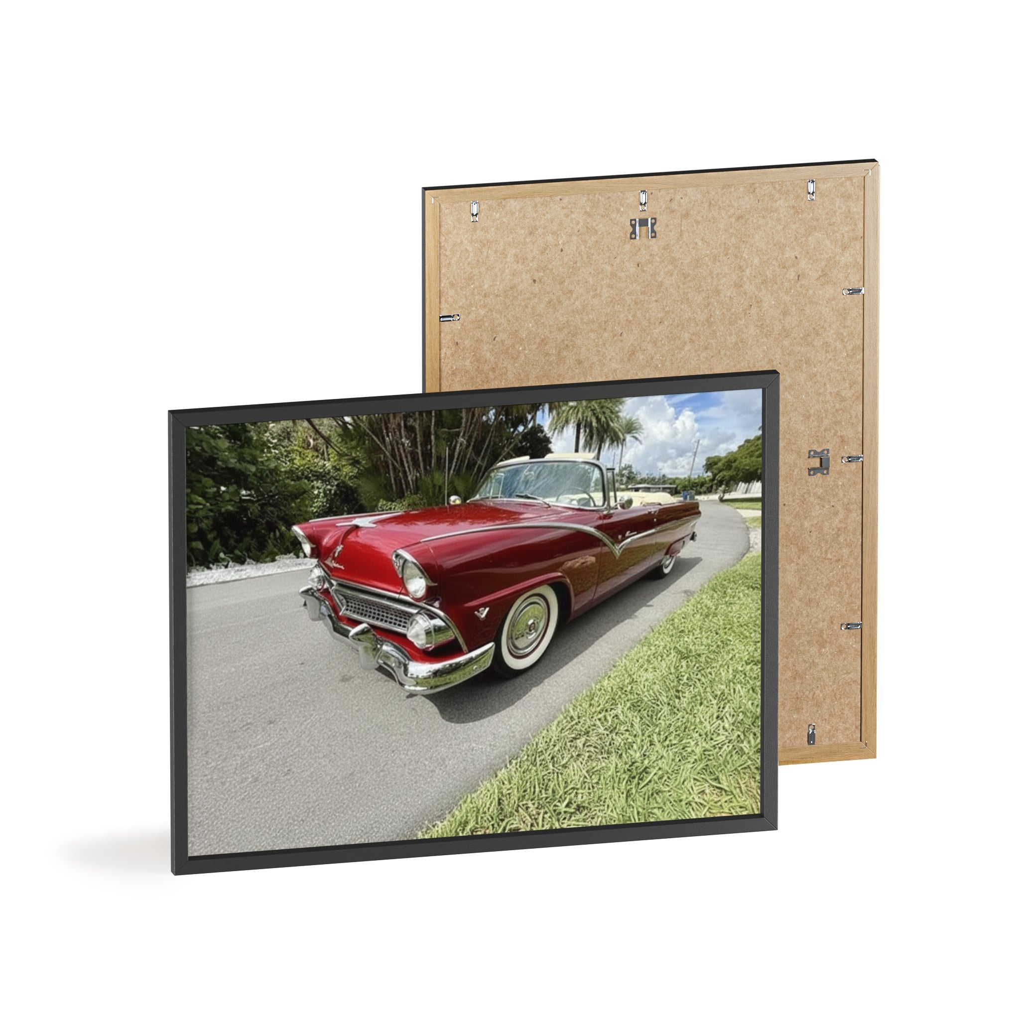 Vintage Red Convertible Poster with Wooden Frame — Classic Car Wall Art
