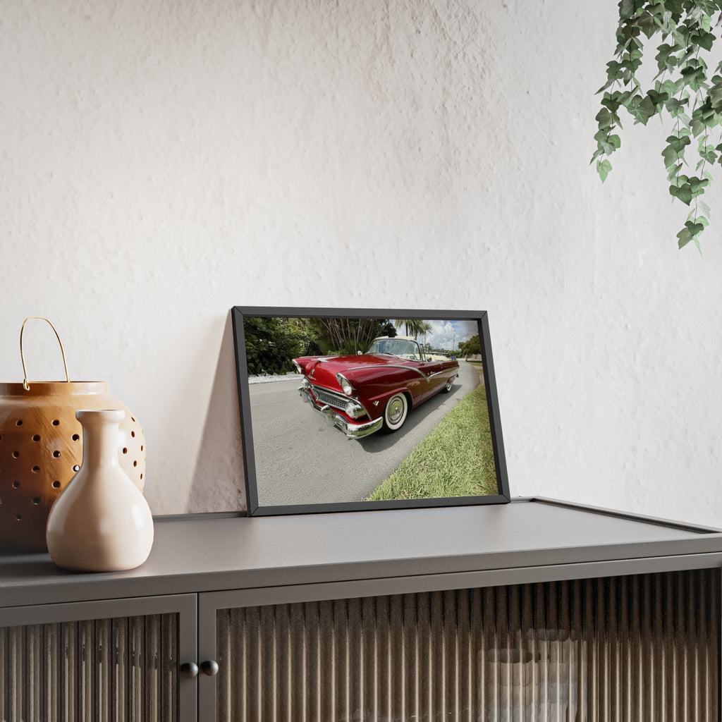 Vintage Red Convertible Poster with Wooden Frame — Classic Car Wall Art