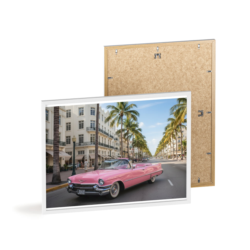 Vintage Pink Cadillac Wall Poster with Wooden Frame — Retro Miami Palm Street Photography