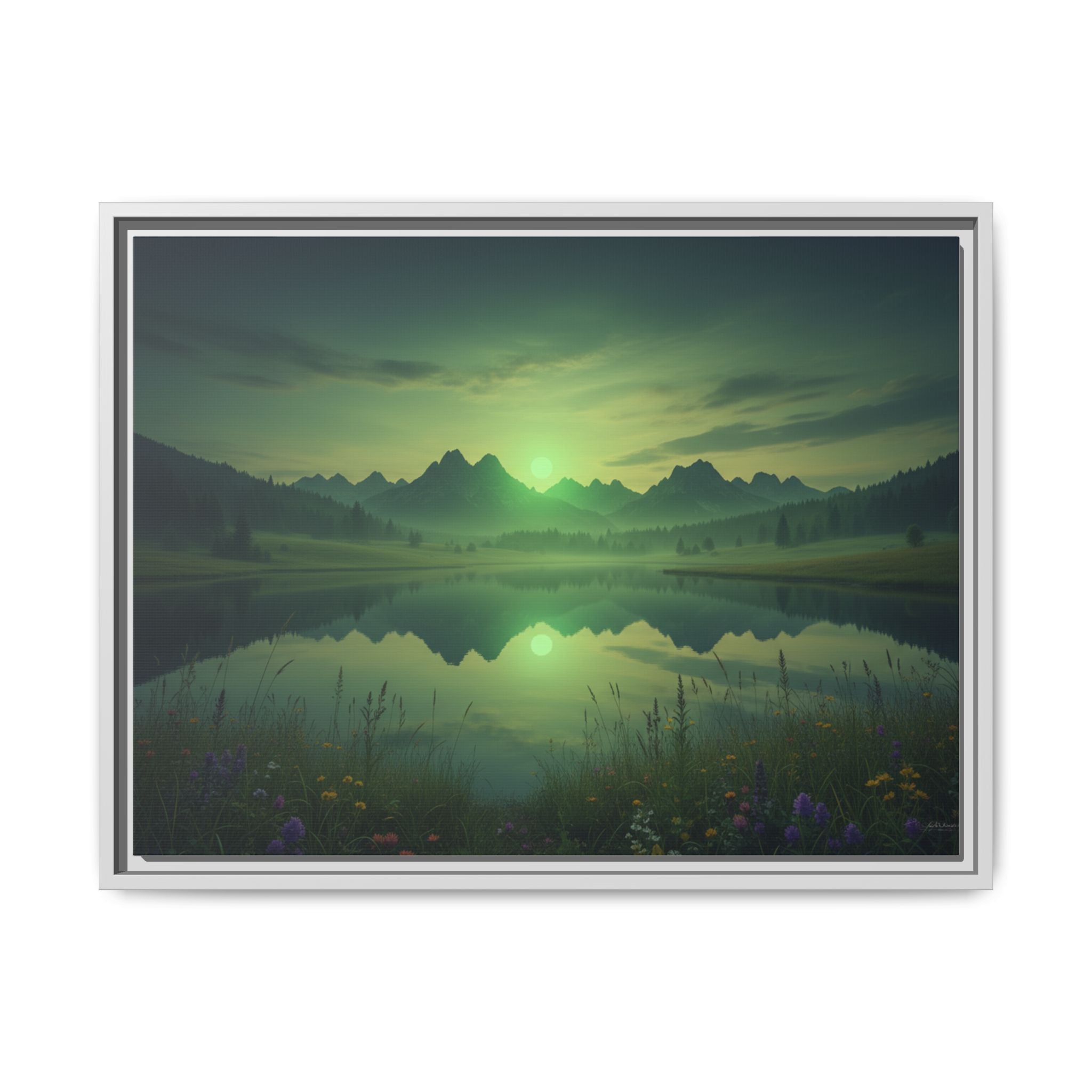 Framed Matte Canvas Print — Serene Green Mountain Lake Landscape