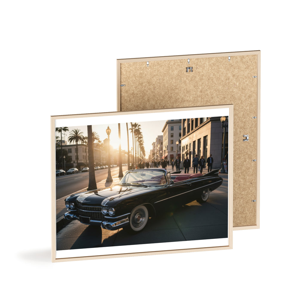 Vintage Convertible Sunset Poster with Wooden Frame