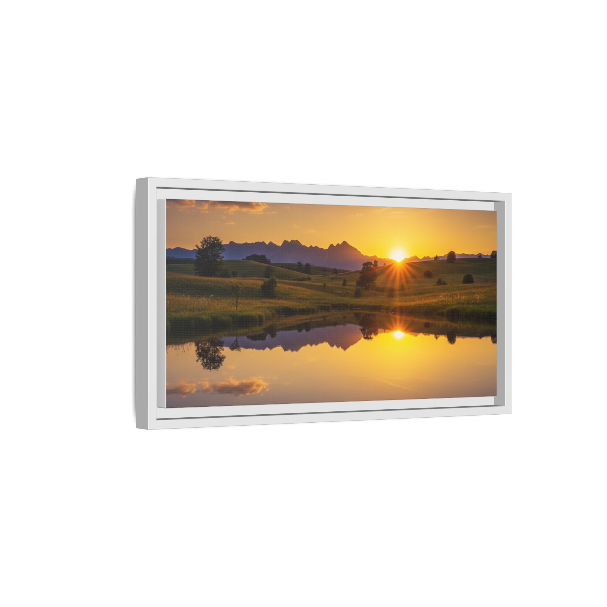 Framed Matte Canvas Sunset Landscape — Serene Lake Reflection Wall Art