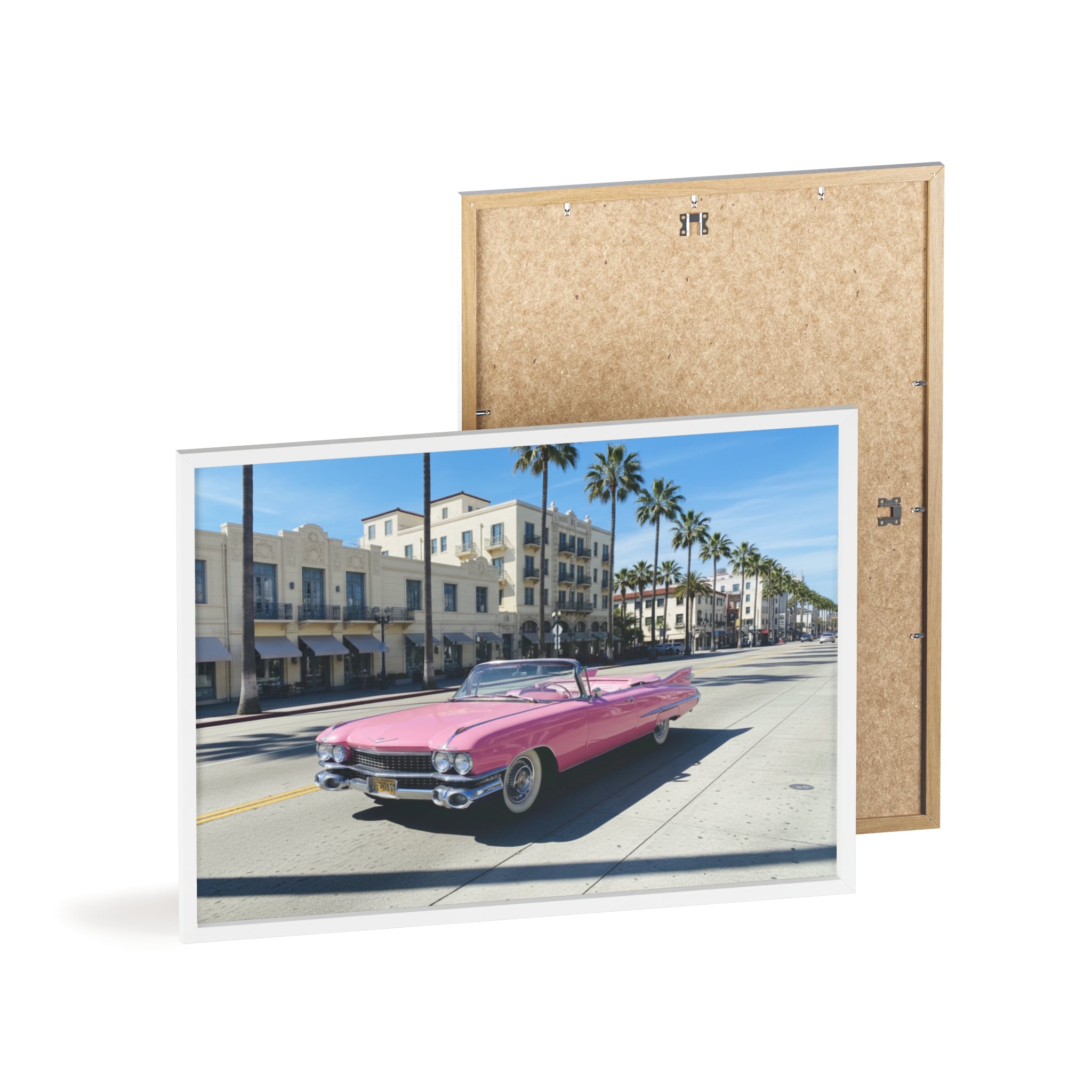 Retro Pink Cadillac Poster with Wooden Frame — Vintage Palm-Drive Wall Art
