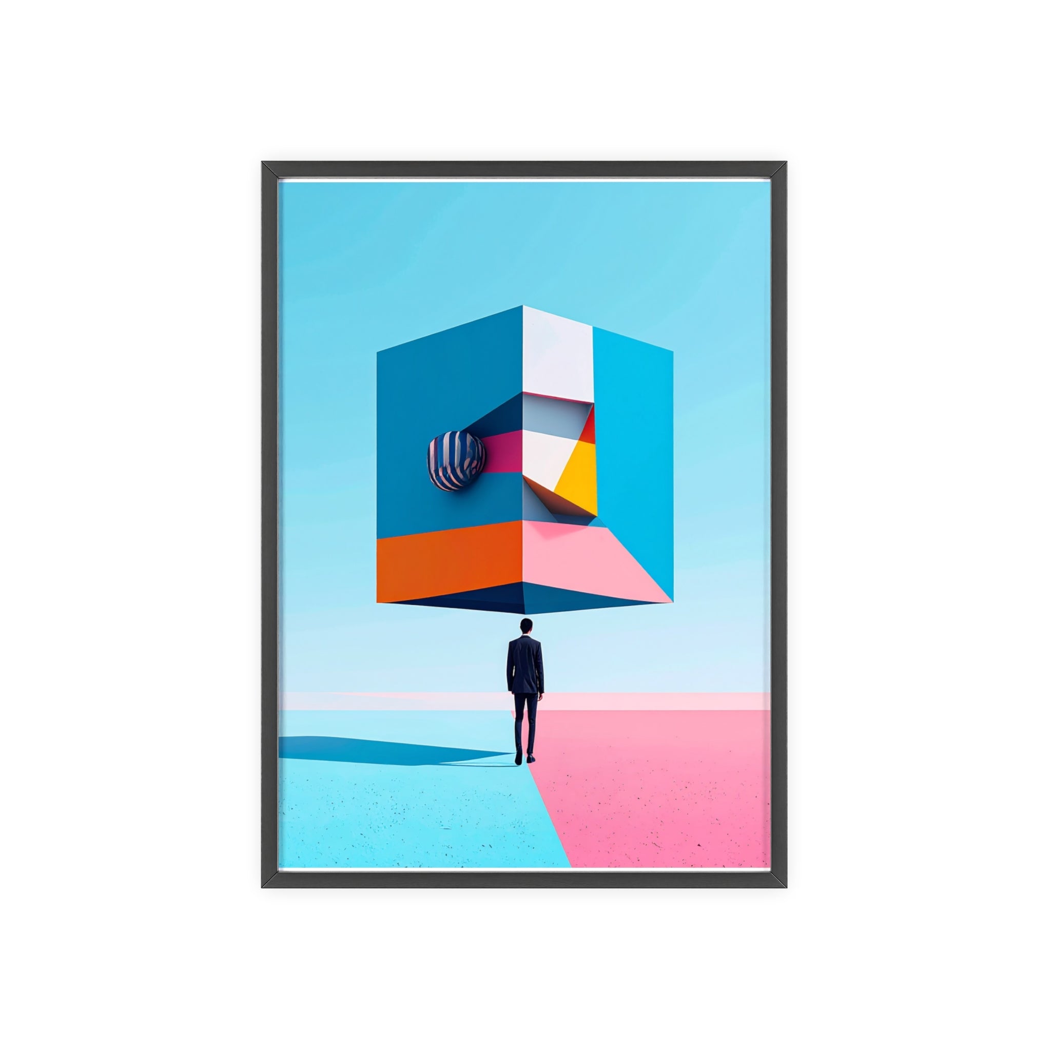 Surreal Geometric Art Poster with Wooden Frame — Modern Minimal Wall Decor