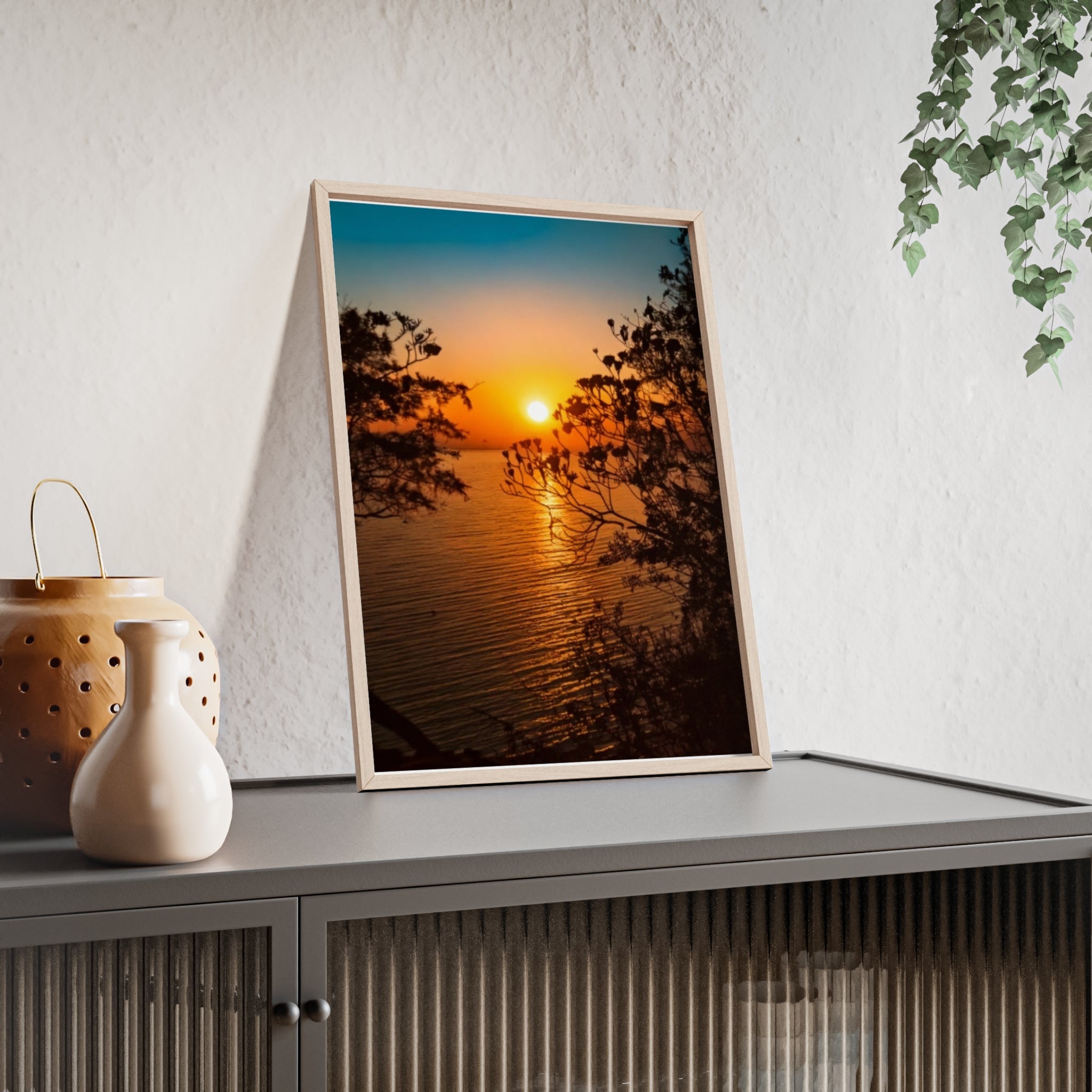 Sunset Coastal Poster with Wooden Frame — Framed Beach Wall Art